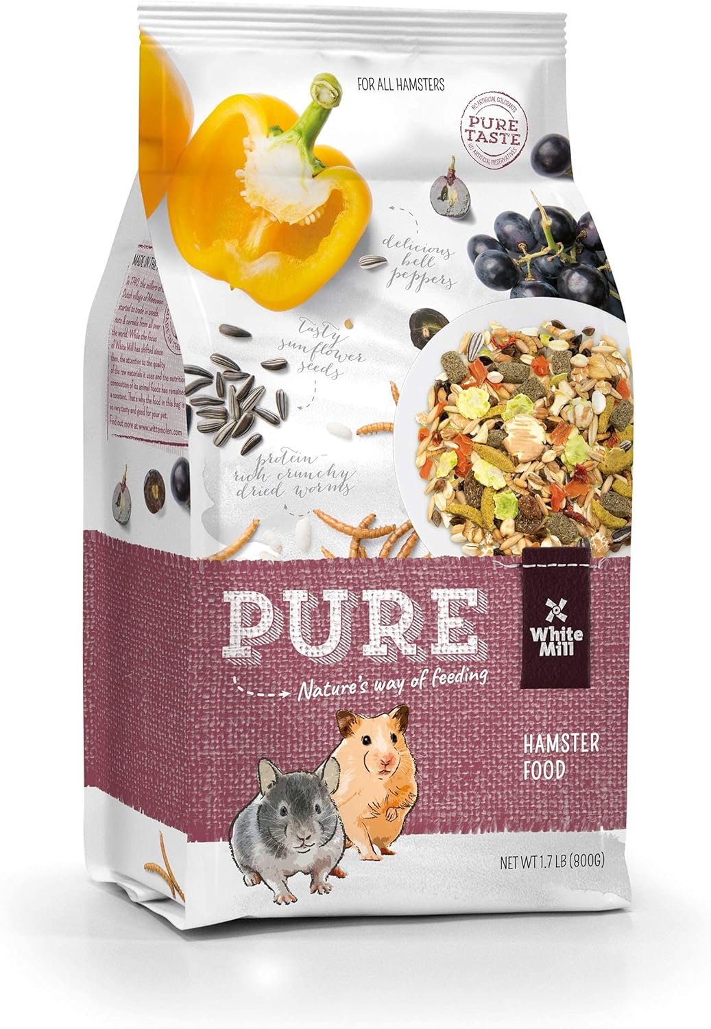 Witte Molen Pure Hamster Food Seed Mixture Mealworms, Sunflower Seeds, Puffed Rice, Grape Nuts, No Artificial Preservatives Dry Food, 1.7 lbs (1 Unit)