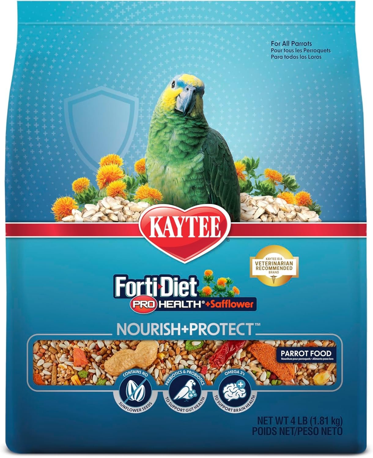 Kaytee Forti-Diet Pro Health+Safflower Nourish+Protect Parrot Food, Supports Breeding and Molting, Nutrition Backed by Science, Digestive and Brain Health, 4 pounds