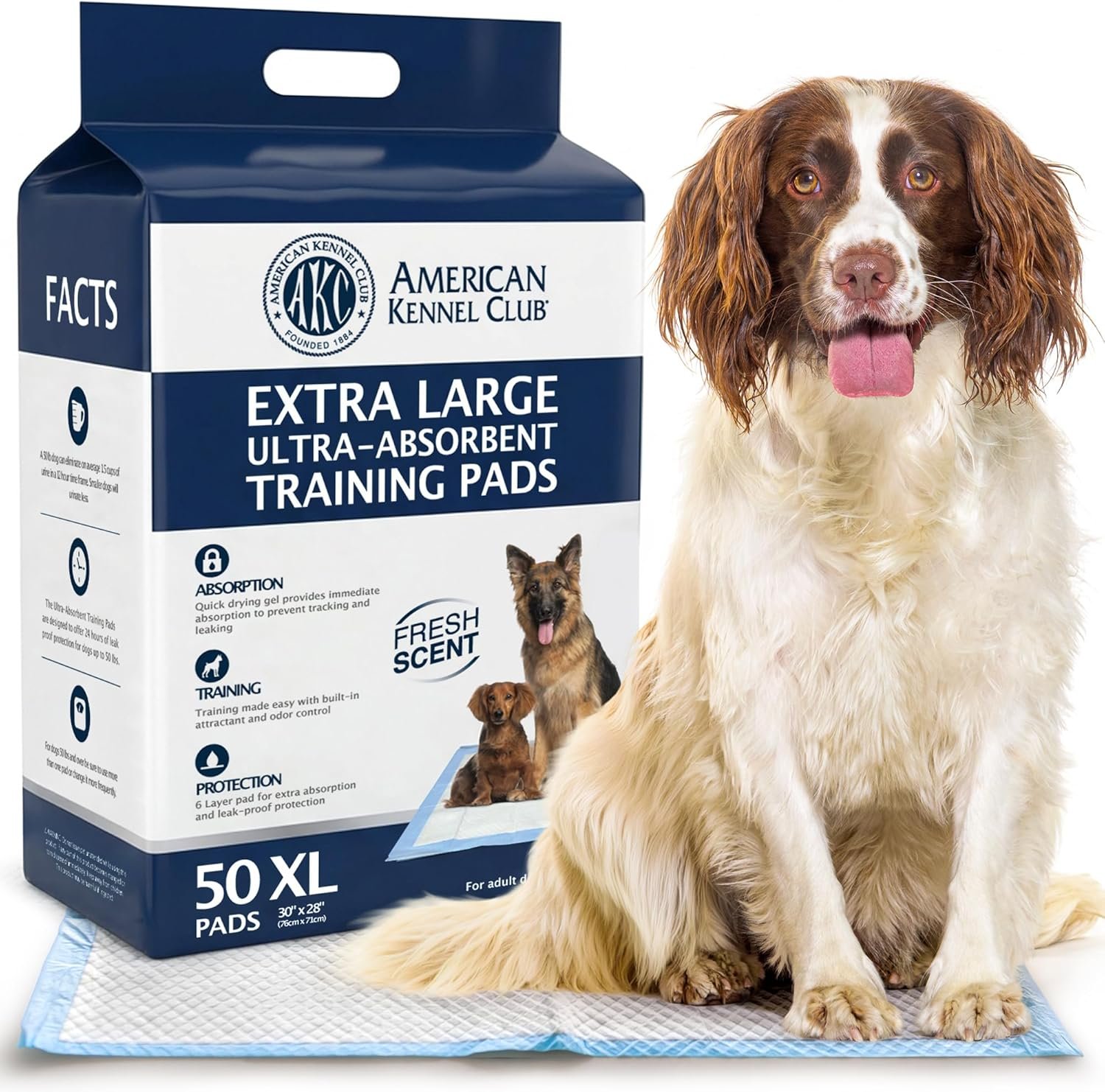 American Kennel Club Scented Puppy Training Pads with Ultra Absorbent Quick Dry Gel – 28 x 30 Pee Pads for Dogs – Fresh Scented – 50 Count, XL