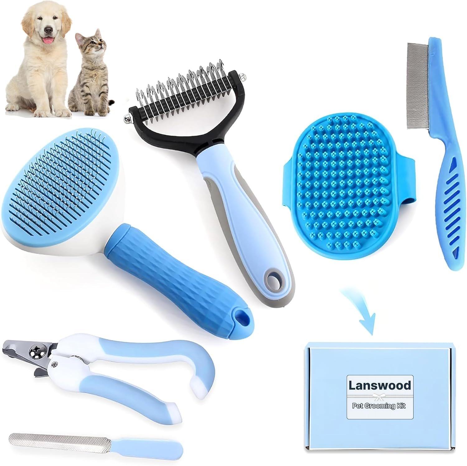 Dog Brush Dog Grooming Kit 6PCS Dog Brush for Shedding-Dog Brushes for Grooming, Dematting Comb for Dogs, Cat Nail Clipper with Nail File, Flea Comb, Bath Brush(Blue)