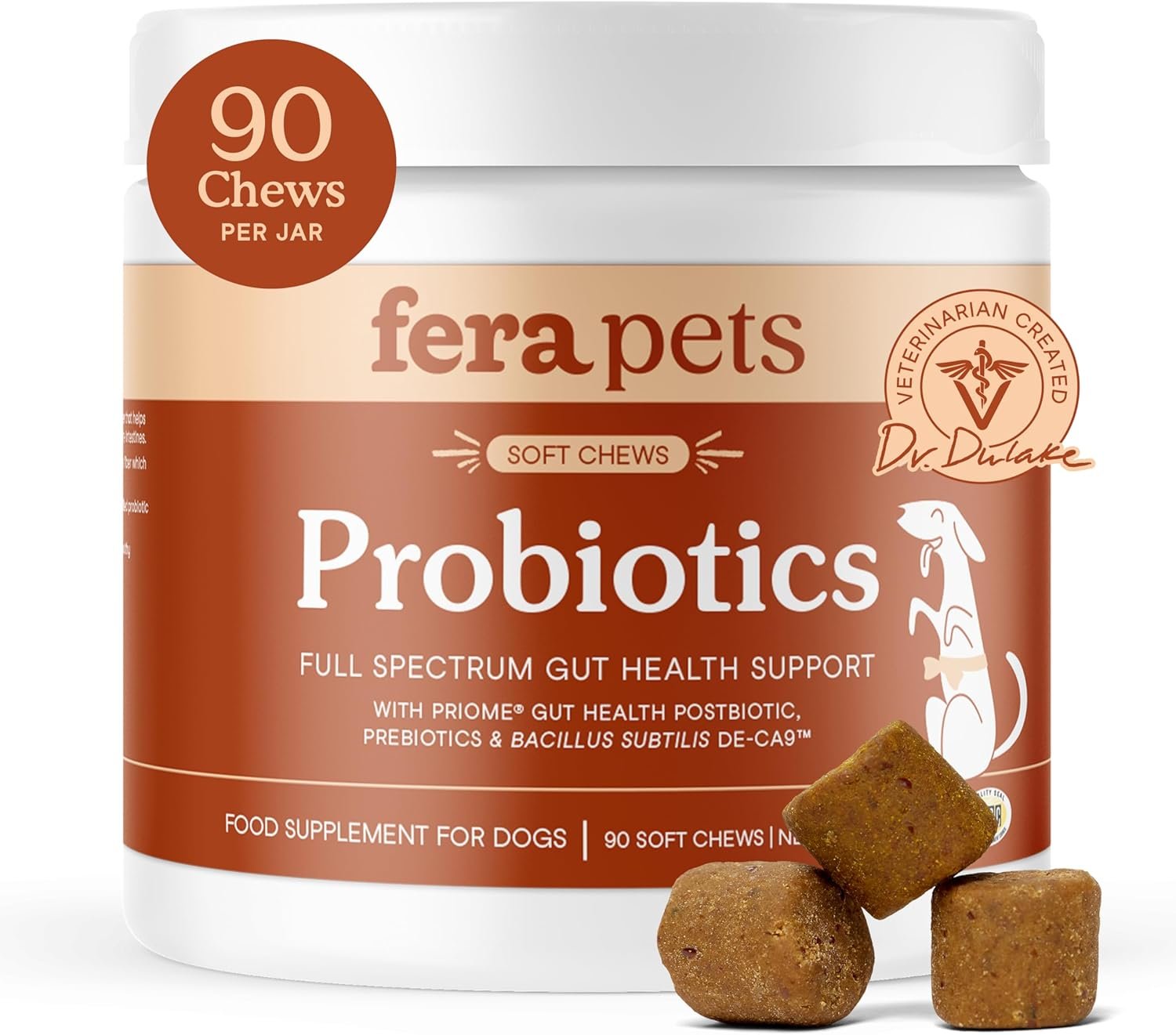 Fera Pets Probiotics for Dogs with Prebiotics and Postbiotics – Full Spectrum Gut Health Support – Promotes a Balanced Gut Microbiome – Boosts Immune Health – 90 Soft Chews