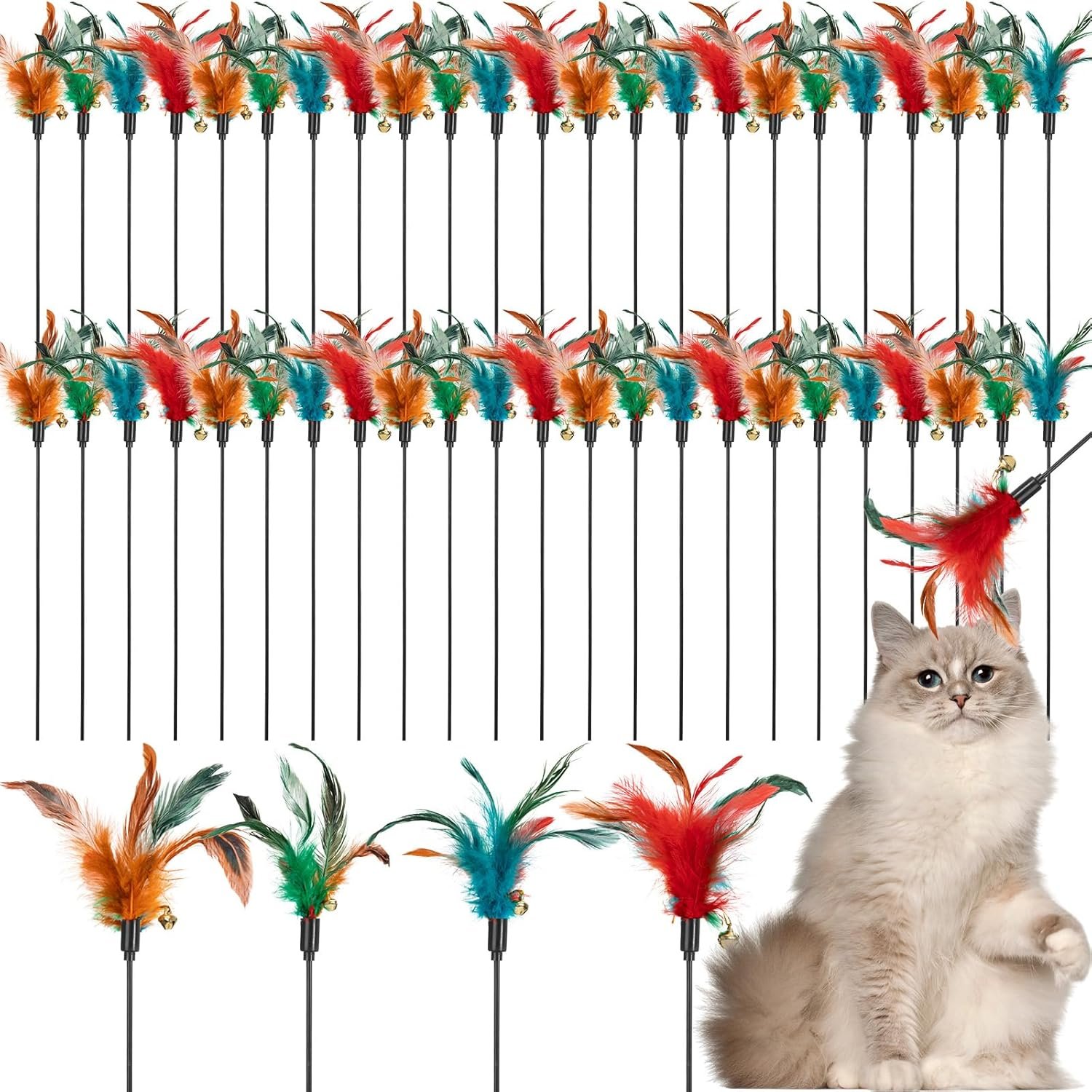 Leitee 50 Pcs Cat Wand Toy Feather Stick Cat Toy Bulk Feather Toys and Teaser Wand Bulk Interactive Stick for Indoor (Multi-Color)