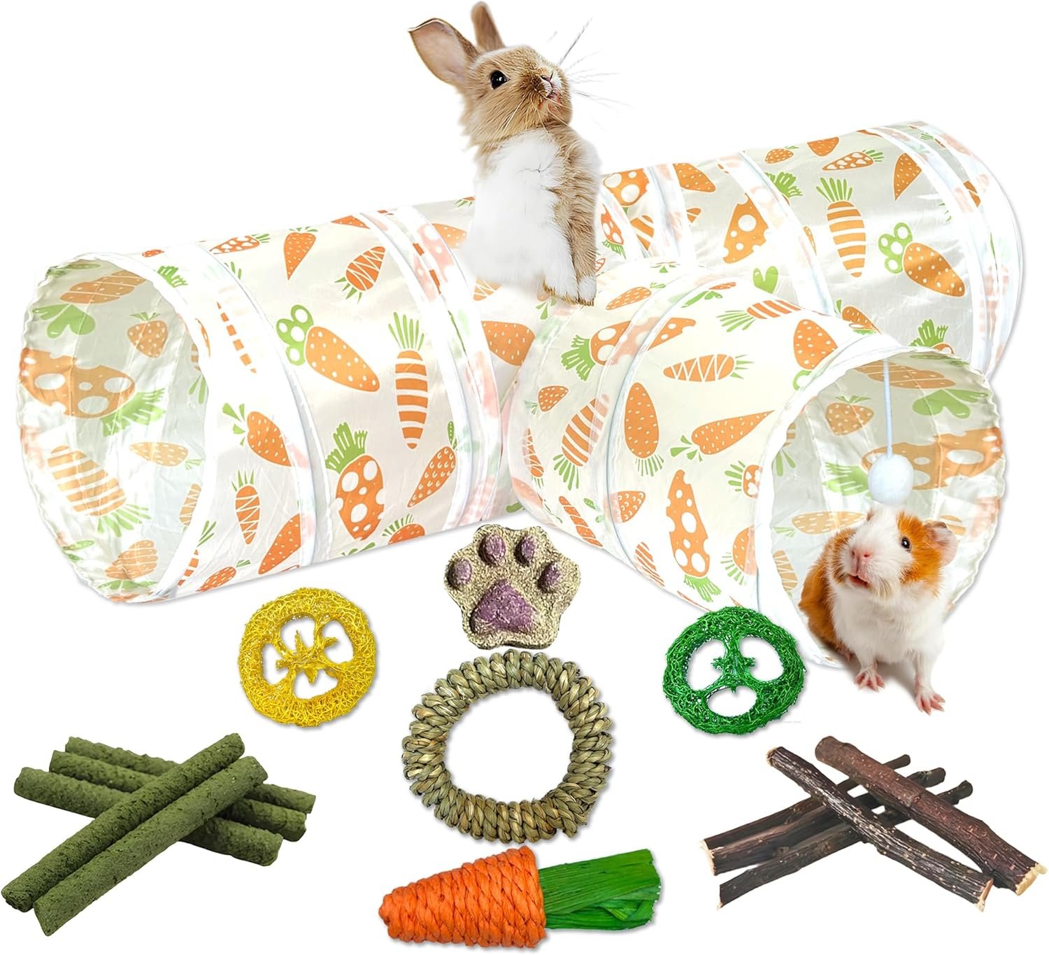 LUCKITTY Rabbit Tunnel Toy, Collapsible 3-Way Hideout Tunnel with Chew Toys for Rabbits, Guinea Pigs, Ferrets, Kittens & Small Pets – Orange & White Carrot Design (33″x20″x9.5″)