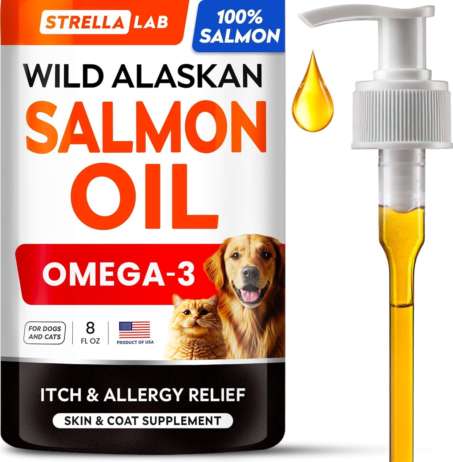 StrellaLab Wild Alaskan Salmon Oil for Dogs – Natural Omega 3 for Dogs & Cats, Itch & Allergy Relief, Skin & Coat Support – Fish Oil Liquid, EPA+DHA Fatty Acids for Hip&Joint, Immune&Heart Health 8 Oz