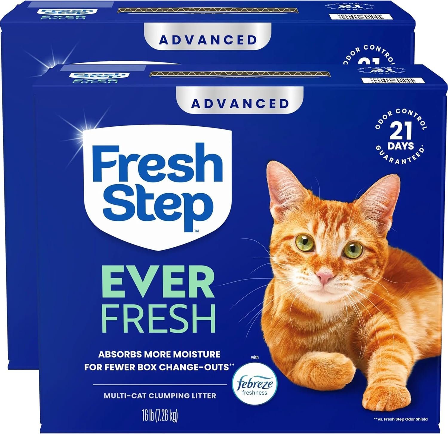 Fresh Step Advanced Ever Fresh Multi Cat Clumping Cat Litter with Febreze Freshness, Low Dust, Odor Control with Ammonia Block Tech, Compatible in Automatic Litter Boxes, 32 lb. (2 x 16 lb.)