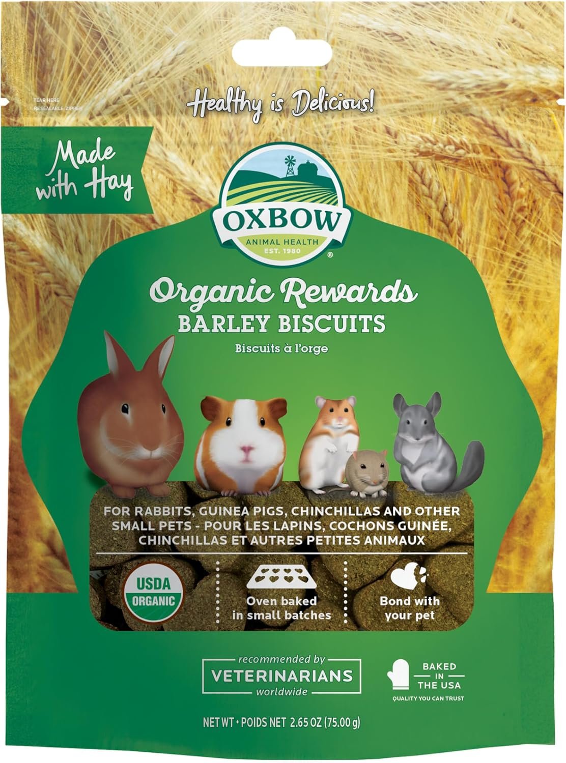 Oxbow Organic Barley Biscuits, Rabbit & Guinea Pig Treats, Organic Hamster & Bunny Treats with Barley, Apple & Carrot, Made in USA, Small Pet Supplies, 2.65 oz Bag