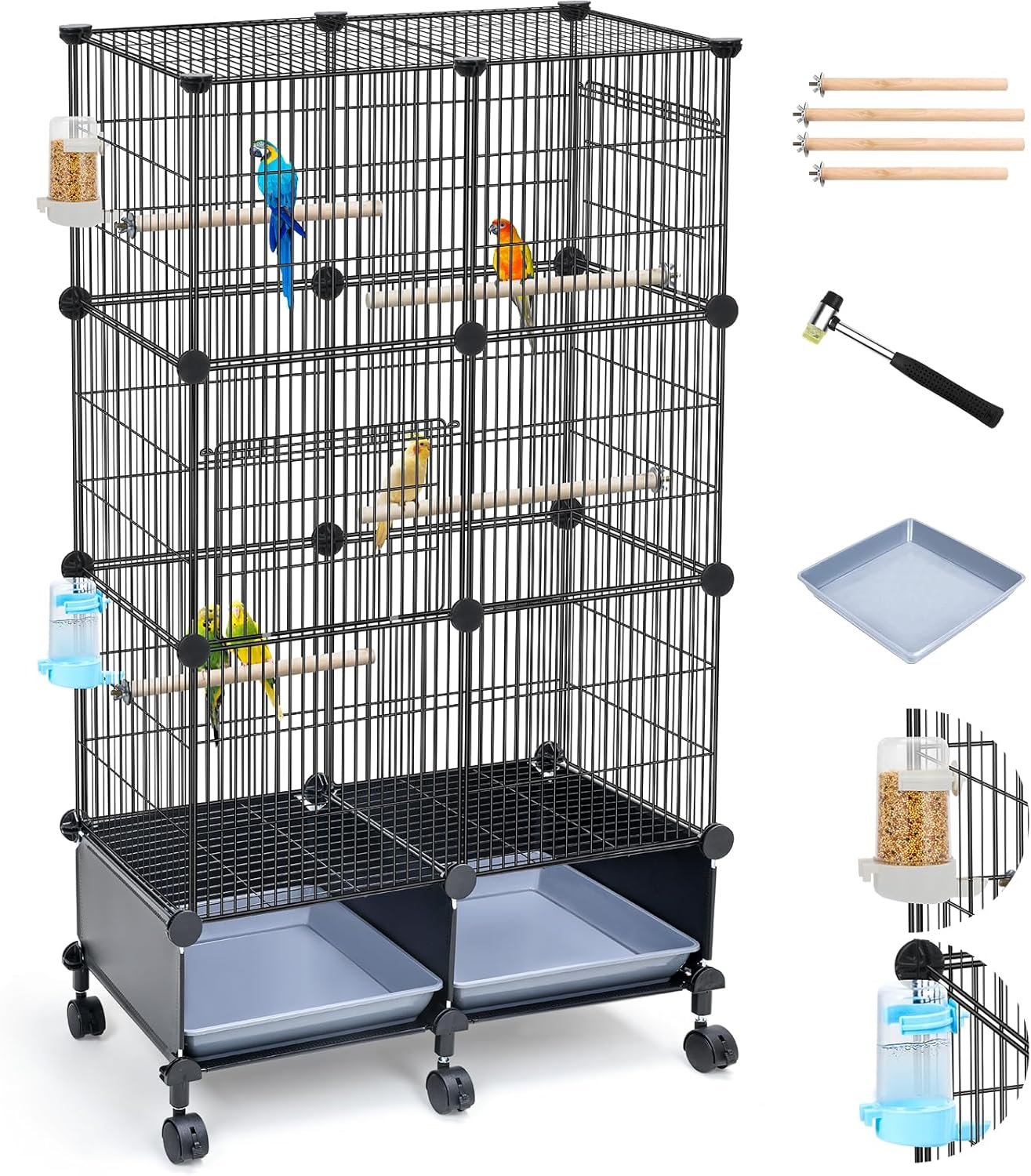 Upgraded Encrypted 46-Inch Bird Cage, with Wooden Perches, Metal Parakeet Cage with Slide-Out Tray, Water Bottle&Feeder, Bird Cages for Parrot,Parakeets,Cockatiel,Lovebird,Small Mid-Sized Birds