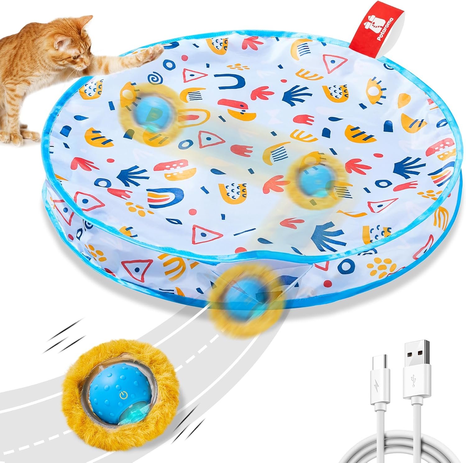 Potaroma Interactive Cat Toys, Fast Moving Ball in Play Mat, Automatic Motion Activated Ball Hide and Seek for Indoor Exercise Kicker, Animal Squeaky, 28 Inch Mat