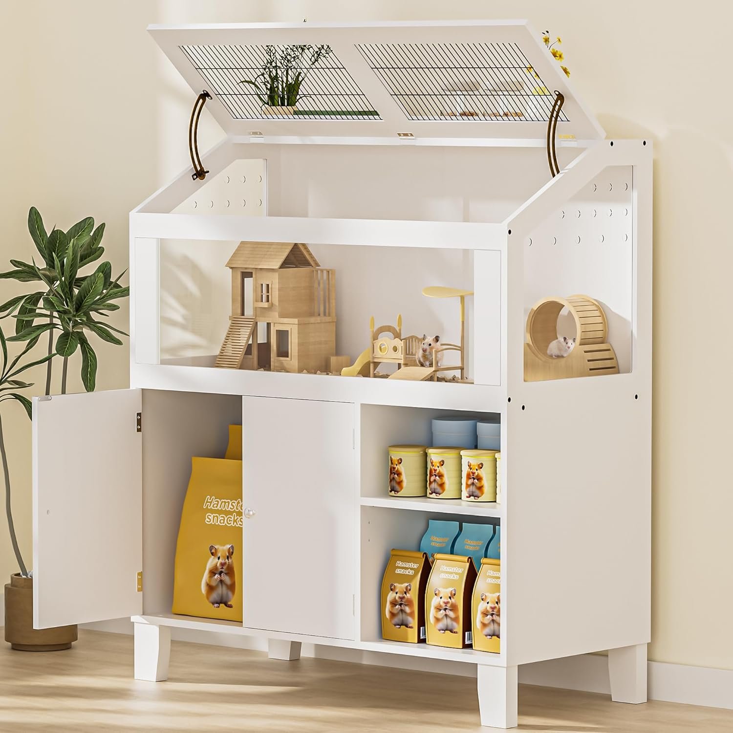 Hamster Cage with Storage Cabinet Small Animal Cage, Natural Solid Wood Large Guinea Pig Cages with Acrylic Windows for Easy Viewing, Hedgehog Cage for Gerbil,Rat, Hedgehog, Habitats, White