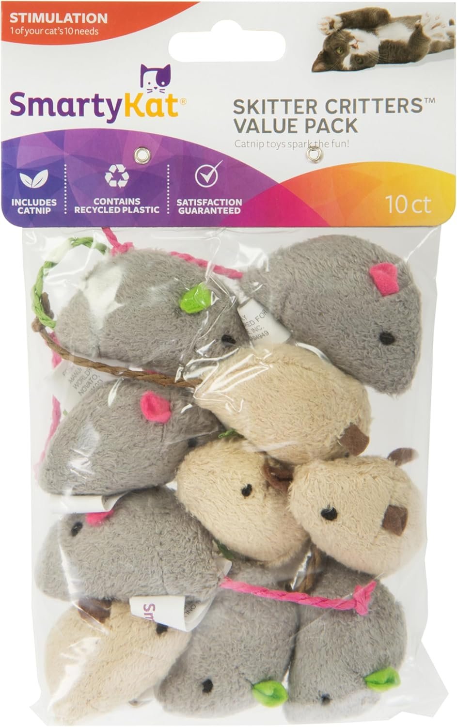 SmartyKat Skitter Critters Value Pack Catnip Cat Toys – Gray/Cream, Set of 10