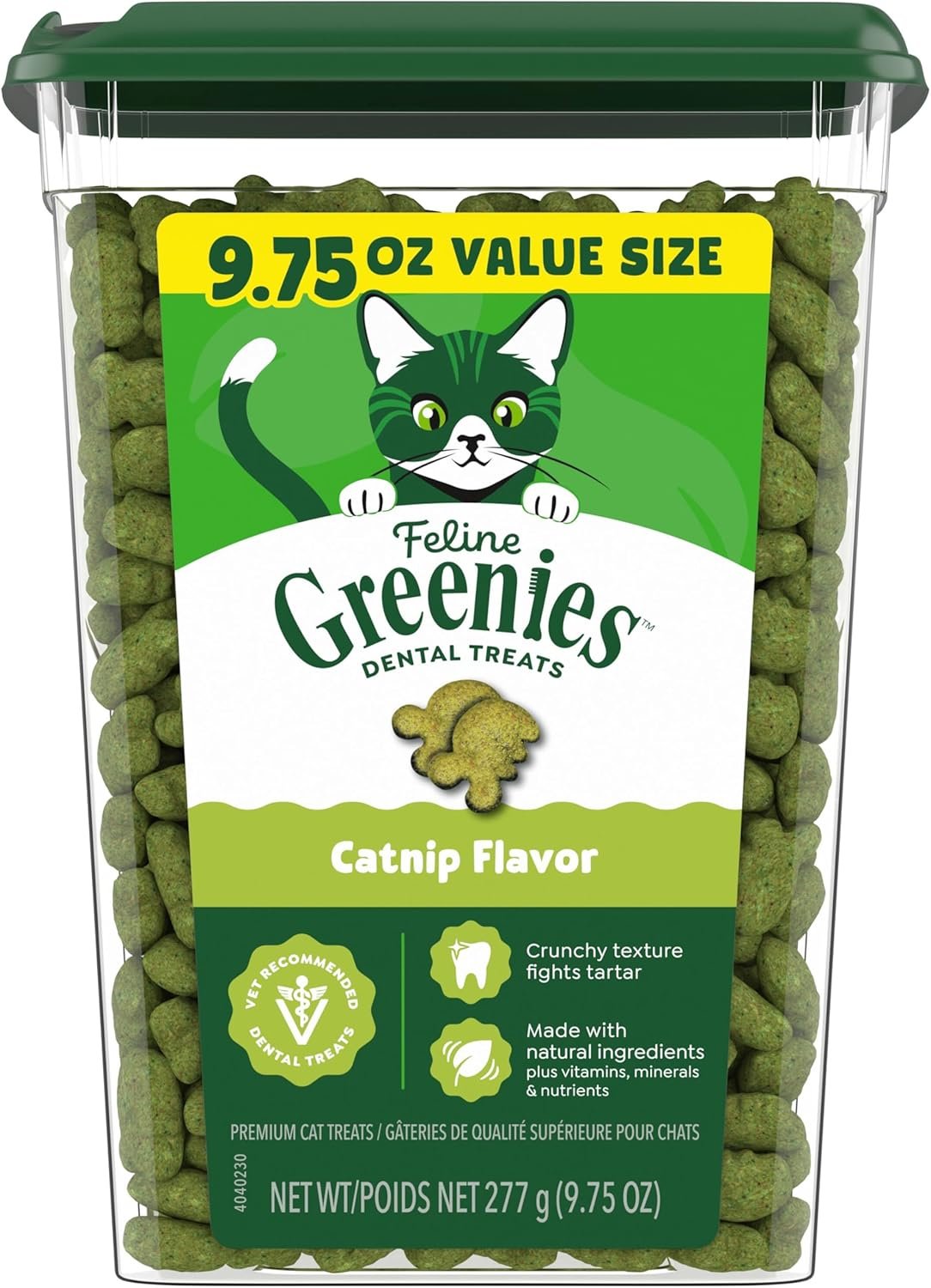 Greenies Cat Treats, Feline Veterinarian-Recommended Adult Natural Dental Treats, Catnip Flavor, 9.75 oz. Tub