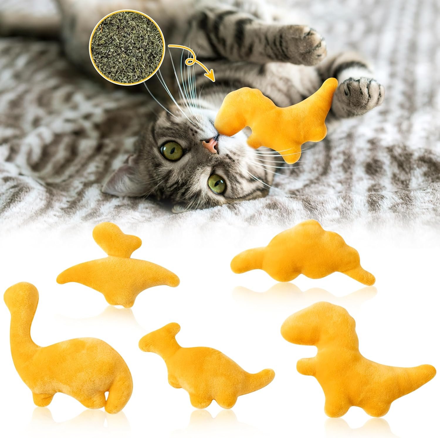 MALLMALL6 Catnip Toys for Cat – 5Pcs Dino Nuggets Cat Toy, Indoor Kitten Chew Bite Kick Dinosaur Chicken Nugget Catmint Interactive Pet Supplies, Cute Pet Gifts for Kitten Lover