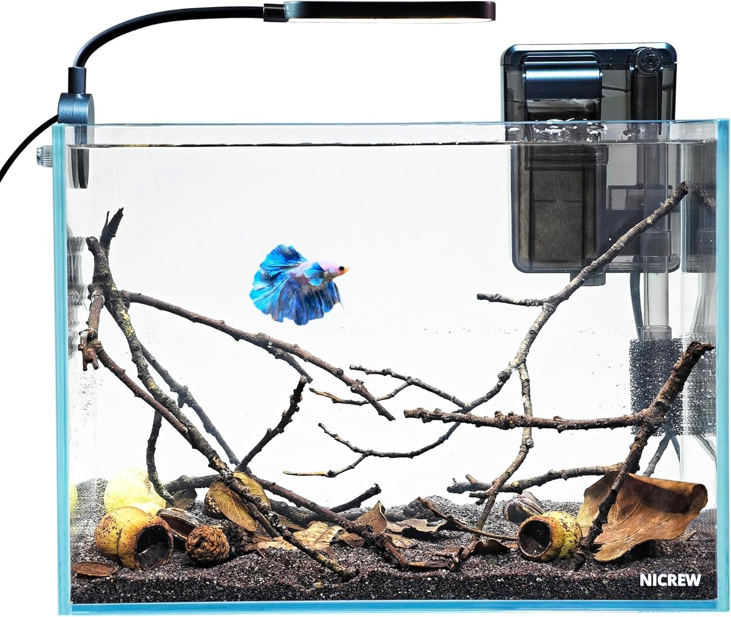 NICREW 2.5 Gallon Nano Nature Aquarium Kit, Ultra-Clear Rimless Desktop Fish Tank with Light and Filter, Perfect for Small Fish, Shrimp, or Betta, Basic Version, Clear