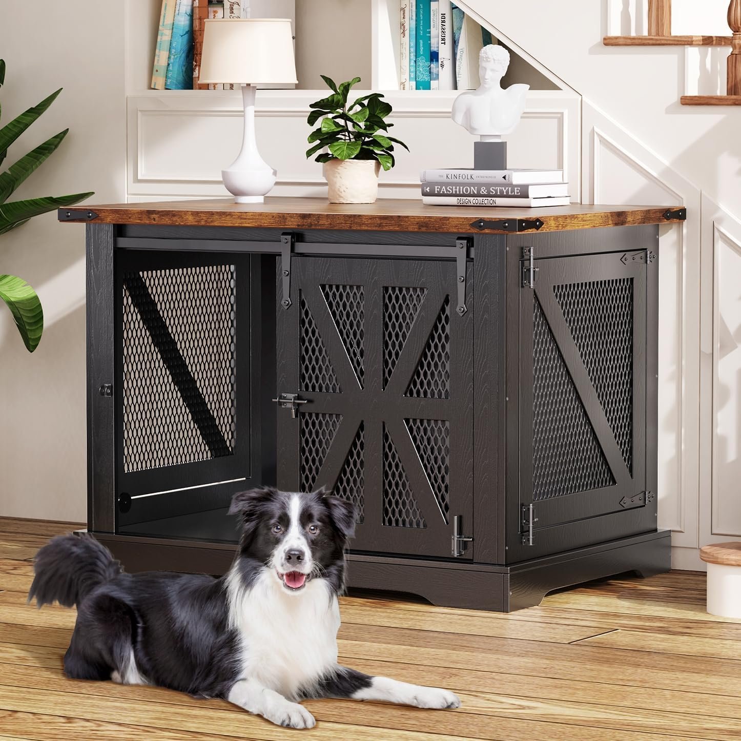 VOPEAK 40″ Farmhouse Dog Crate Furniture, Heavy Duty Dog Cage for Medium Large Dogs, Wood Dog Crate Dog Kennel Indoor with Double Doors, Chew Resistant End Table for Bedroom Living Room, Black