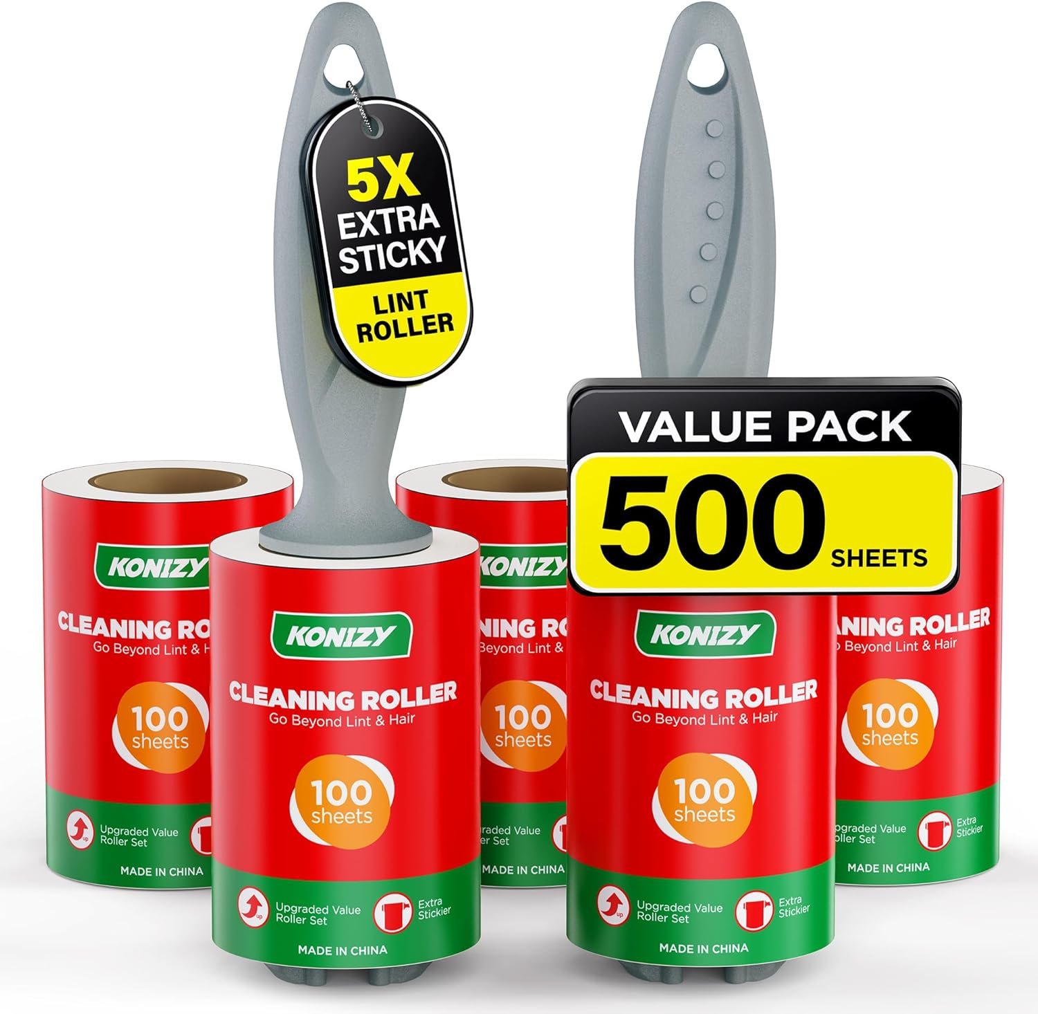 Lint Rollers for Pet Hair Extra Sticky, 500 Sheets Mega Value Set Roller with 2 Upgraded Handles, 5 Portable Lint Roller for Clothes, Furniture, Carpet, Dog & Cat Hair Remover