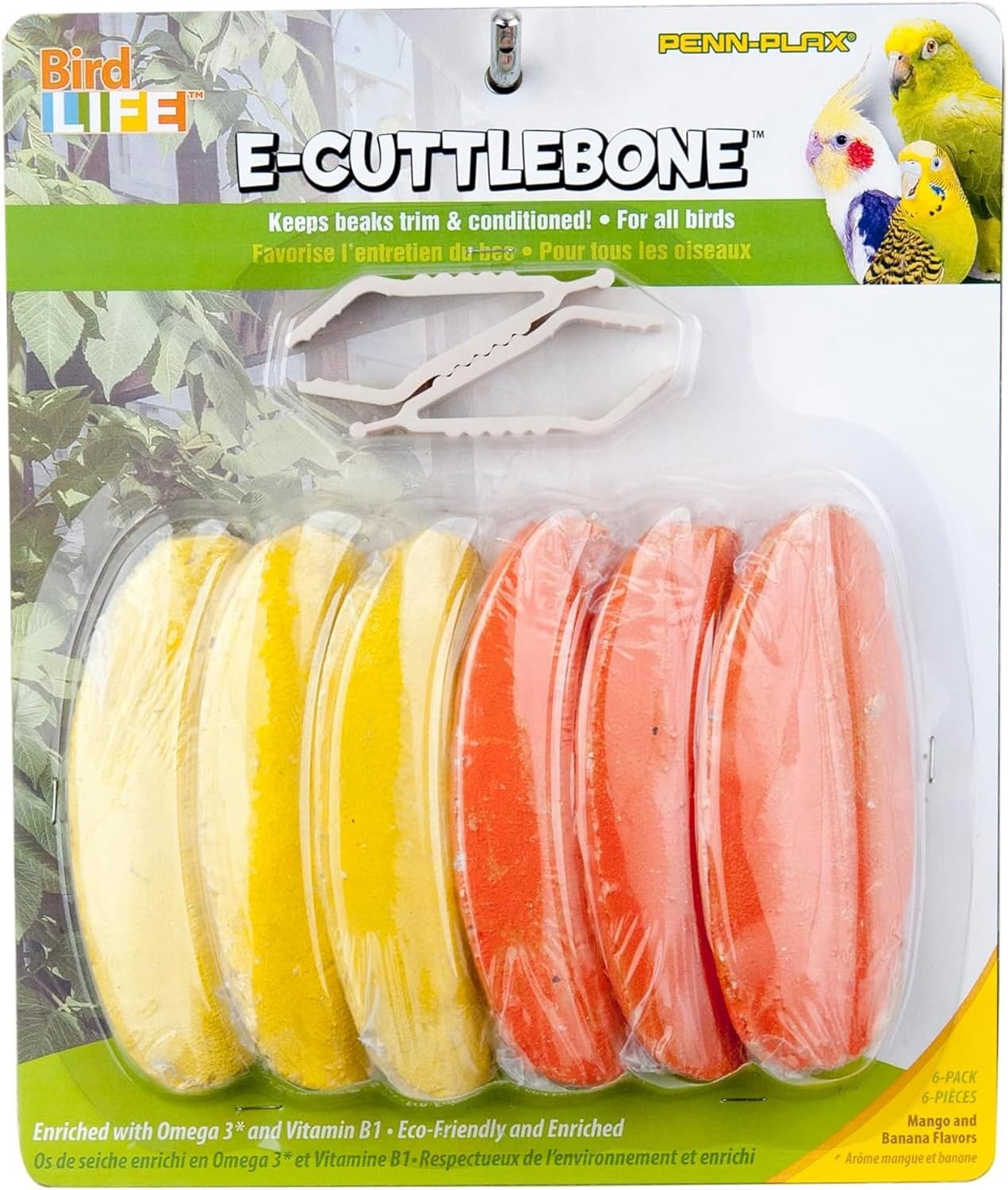 Penn-Plax Bird-Life E-Cuttlebone Flavored, 1 Pk (6 Counts) – Mango & Banana – Durable, Less Brittle Cuttlebones Enriched with Omega 3 and Vitamin B1 – 2 Cage Clips -For All Bird Sizes -Orange & Yellow