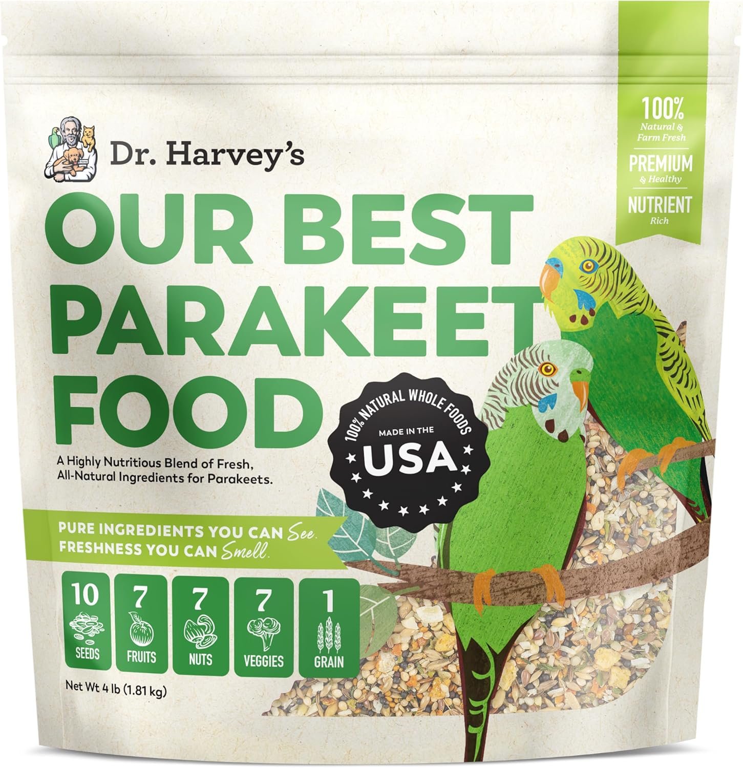 Dr. Harvey’s Our Best Parakeet Food, Wholesome Seeds, Nuts, Fruits, and Vegetable Bird Feed for Budgies and Parakeets (4 Pounds/1.81 kg)