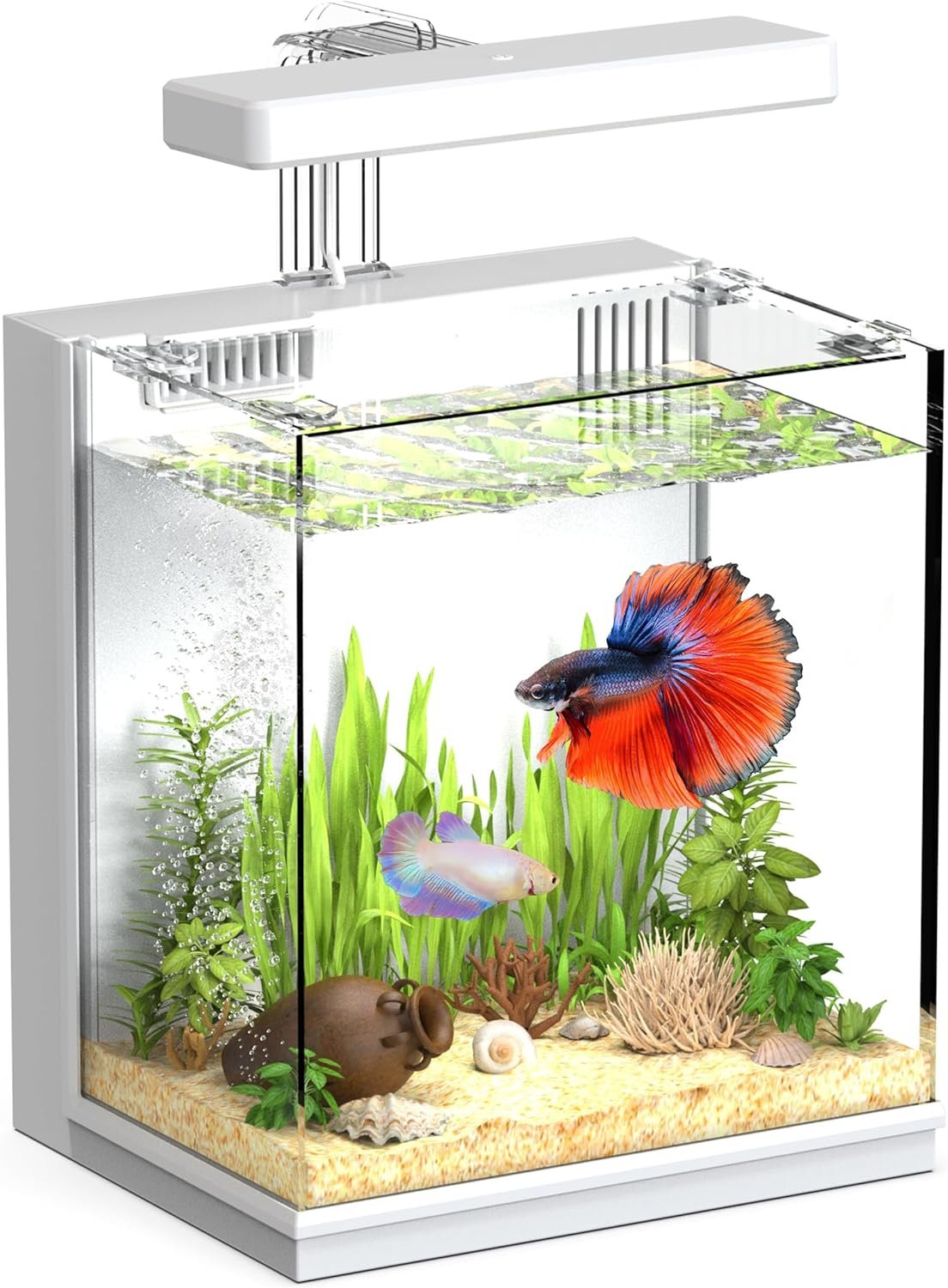 2-Gallon All-in-One Fish Tank – Silent Pump, 3-Stage Filtration & Easy Water Change, Perfect Self-Care Betta Aquarium Kit for Kids & Beginners (White