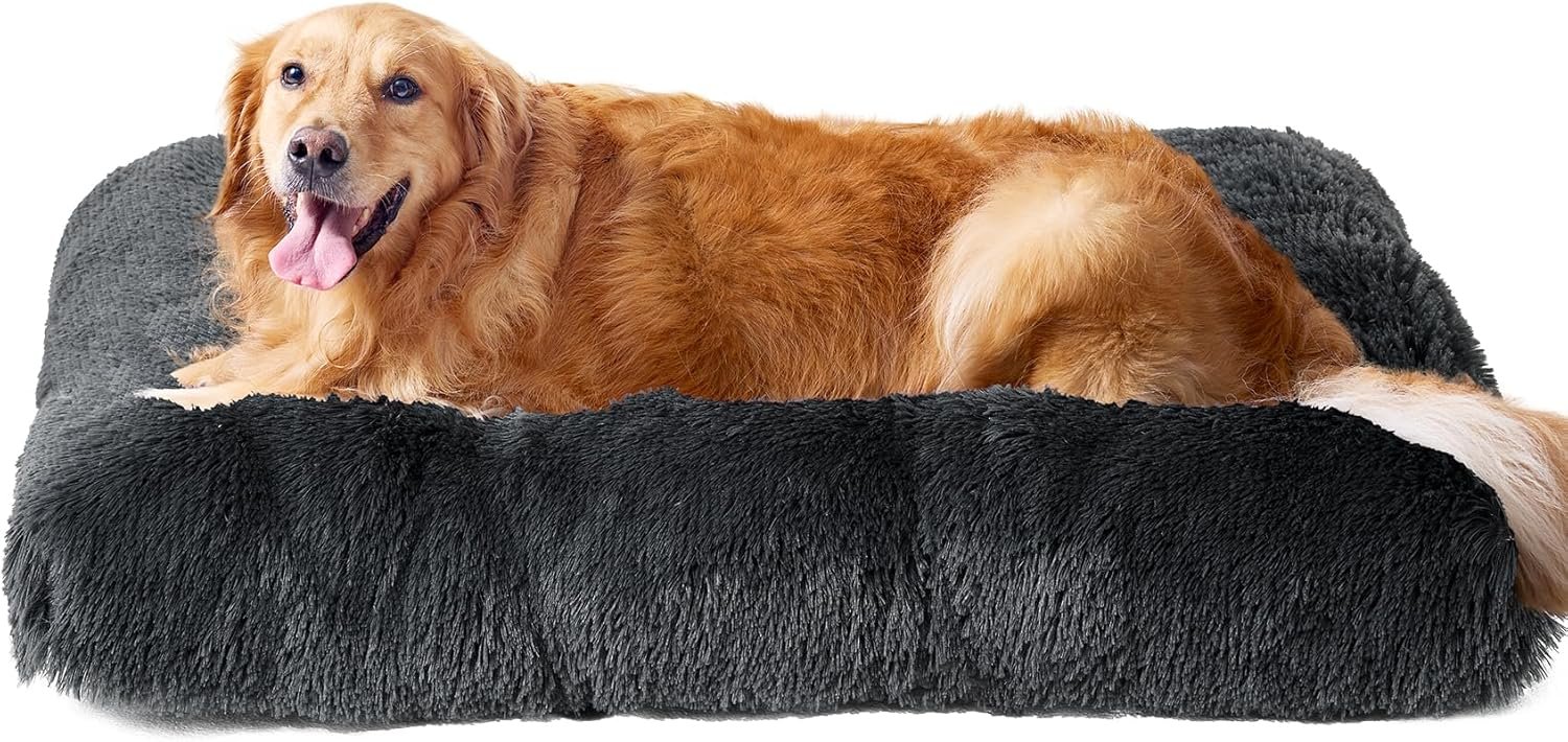 EHEYCIGA Fluffy Dog Crate Bed for Extra Large Dogs, Plush Faux Fur Crate Pad, Calming Anti Anxiety XL Dog Bed, Washable Soft Warm Crate Mat with Non-Slip Bottom, Dark Grey