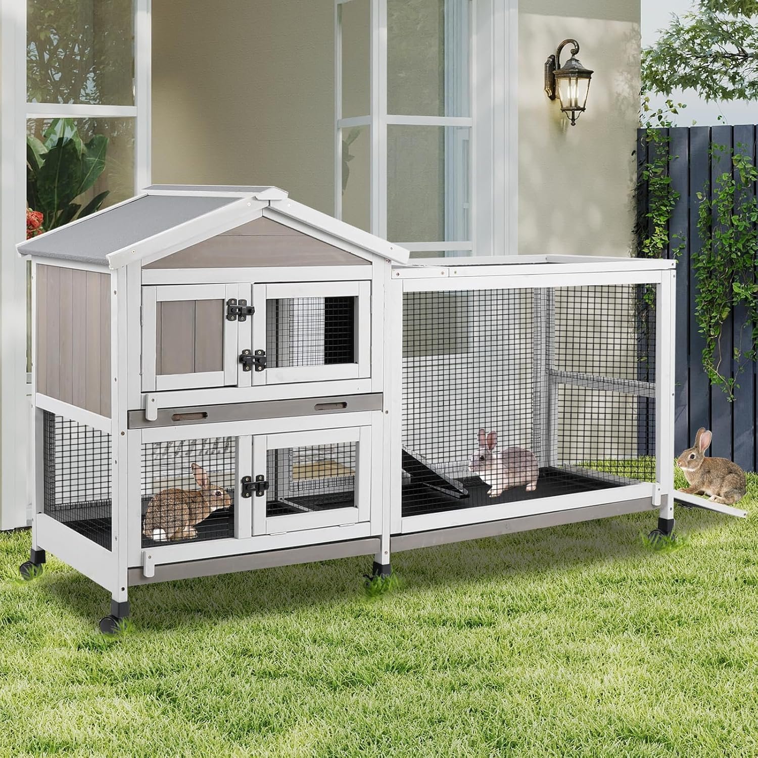 PetsCosset Rabbit Hutch Outdoor Indoor Bunny Hutch with Run 2-Story Large Rabbit Cage on 6 Wheels, 3 Leak Proof Trays, Ramp, Waterproof Roof for Small to Medium Animals, Expandable Design
