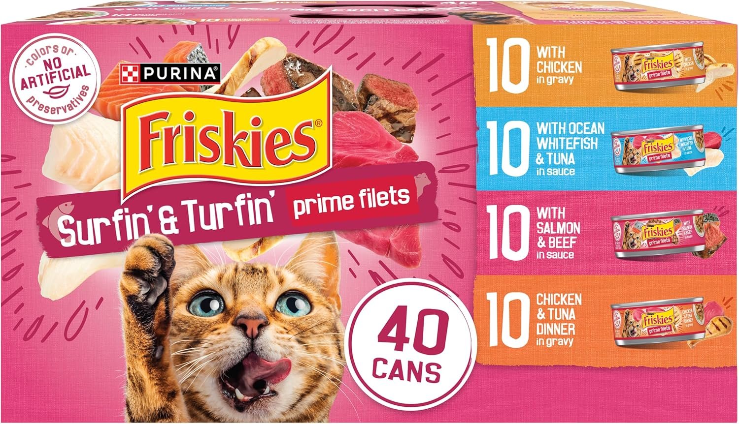 Purina Friskies Gravy Wet Cat Food Variety Pack, Surfin’ and Turfin’ Prime Filets Favorites – (Pack of 40) 5.5 oz. Cans