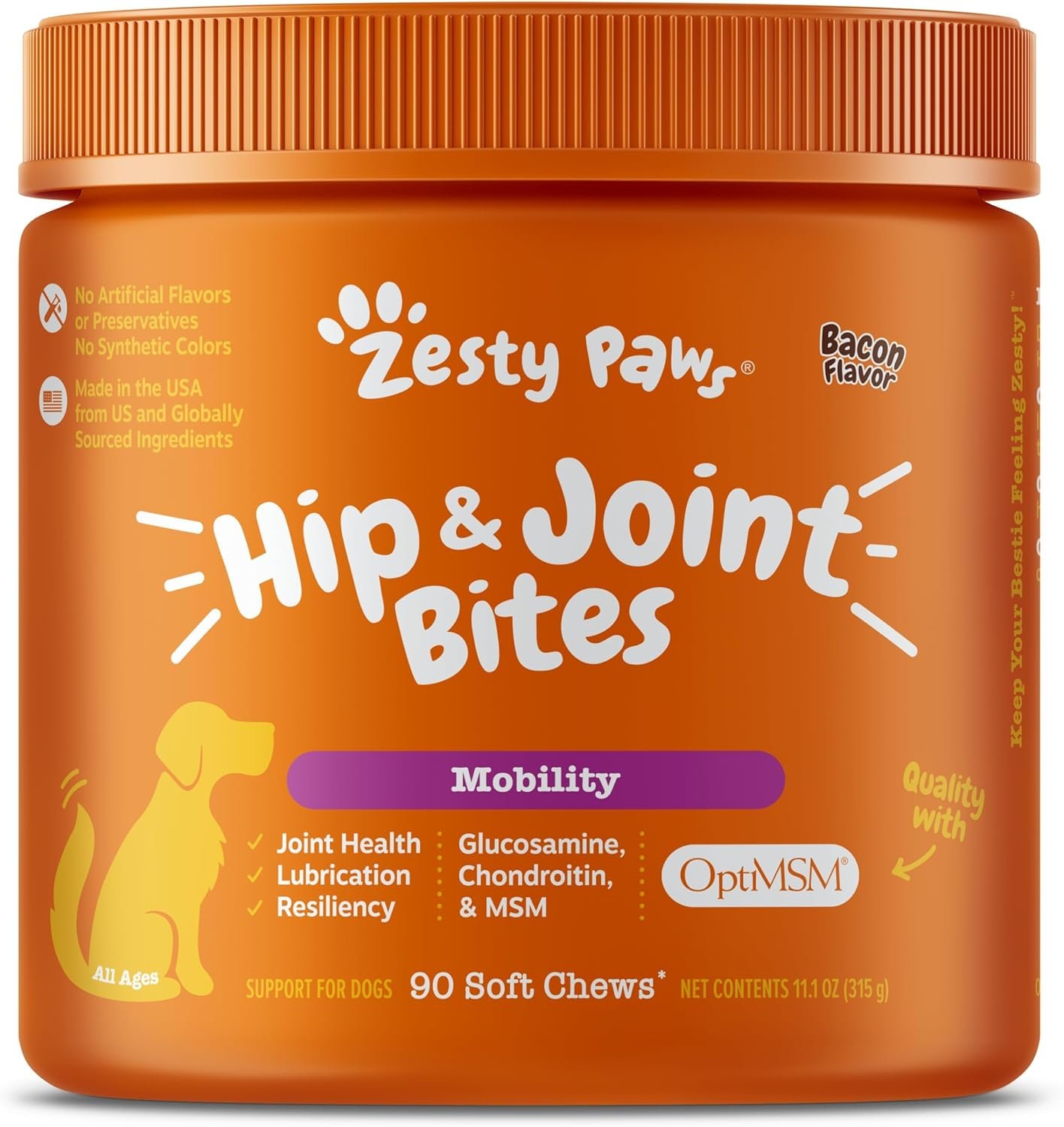 Zesty Paws Hip and Joint for Dogs, Glucosamine for Dogs Hip and Joint Supplement with Chondroitin, MSM, Vitamins C & E – Bacon, 90 Count