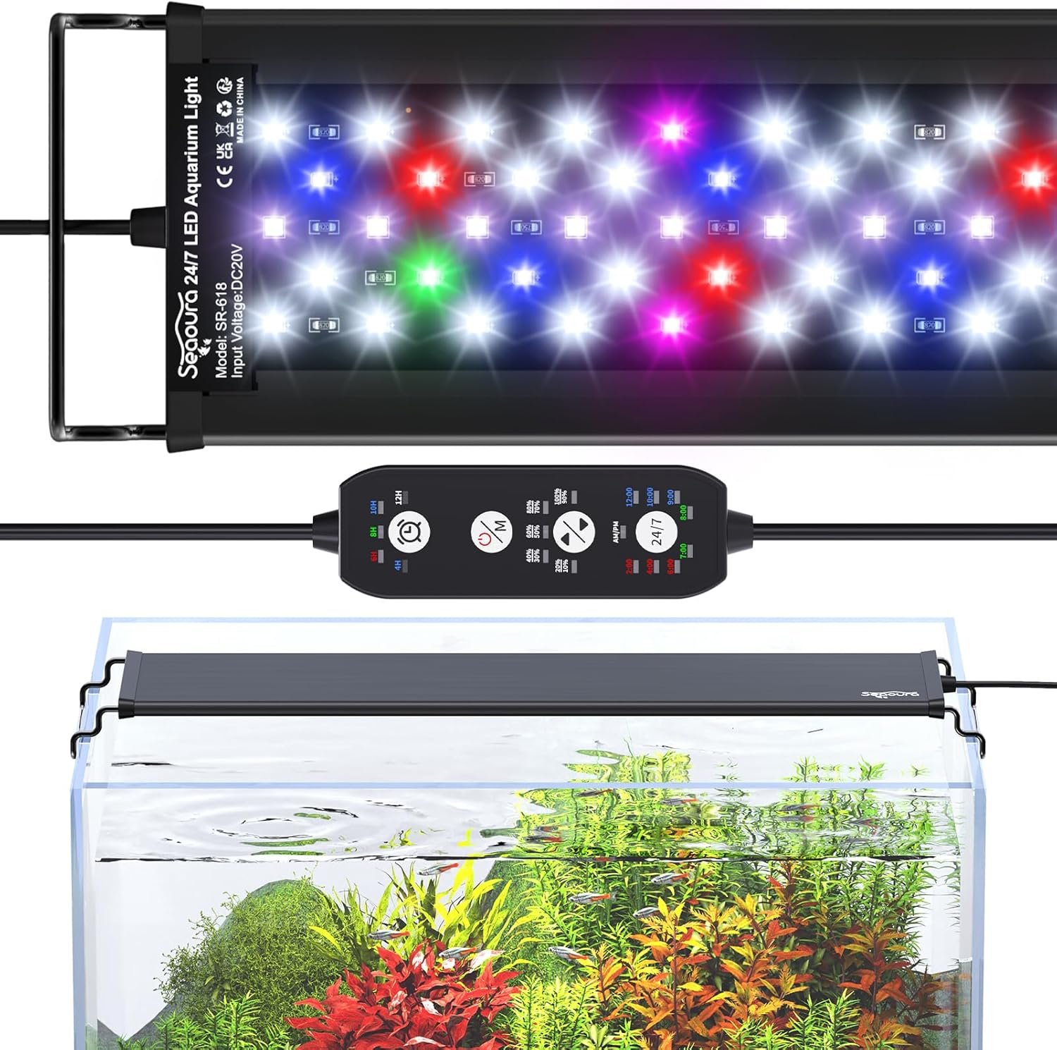 SEAOURA 24/7 Cycle LED Aquarium Plant Light-Full Spectrum Fish Tank Light, Auto On/Off, 24/7 Lighting Modes and DIY Mode, Adjustable Timer/Brightness, for 18 Inch to 24 Inch Planted Tank
