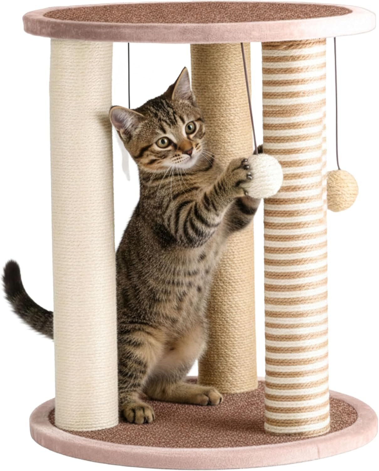 Cat Scratching Post – 3 Scratcher Posts with Carpeted Base Play Area and Perch – Furniture Scratching Deterrent for Indoor Cats by PETMAKER (Brown), Large