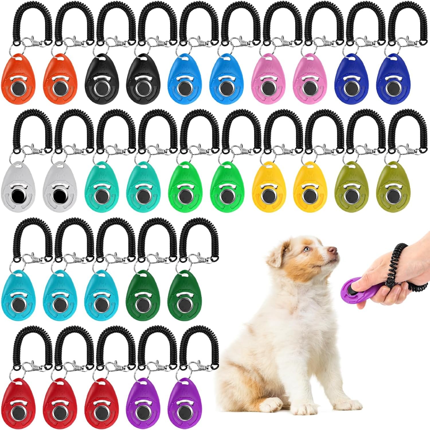 Lawei 30 Pcs Dog Training Clicker with Wrist Strap, 14 Color Pet Training Clickers for Dogs Cats Birds Horses, Durable Animal Behavior Trainer Clicker Kit for Obedience and Positive Reinforcement