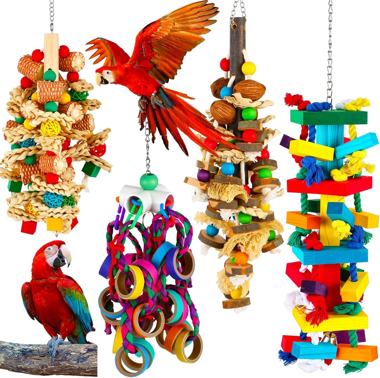 Soulchen 4 Pcs Extra Large Bird Parrot Toy Set – Natural Wooden Chewing Toy, Rattan Ball, Wood Nut Loofah String (Bagged) for Large Macaws, African Grey, Amazon Parrots