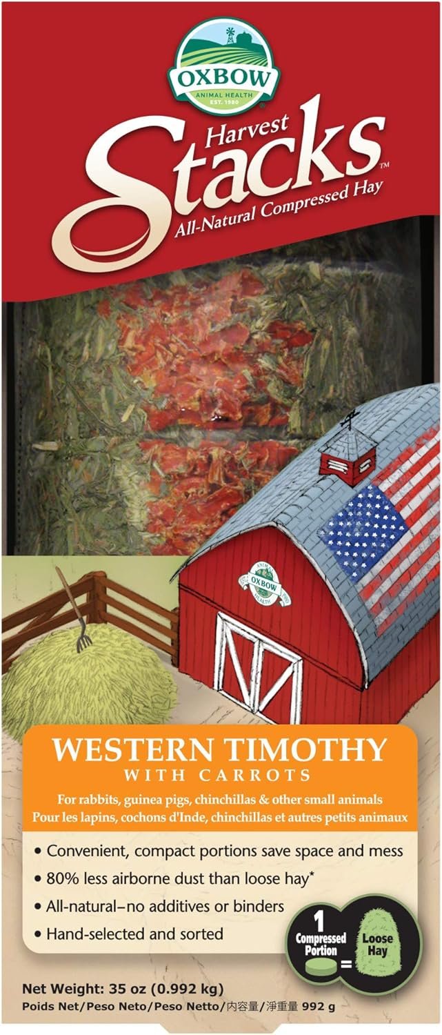 Oxbow Harvest Stacks, Timothy Hay with Carrots, Guinea Pig Hay, Bunny Supplies, Timothy for Rabbits, Guinea Pigs, Chinchillas, and Other Small Pets, Bunny Food, 35 oz.