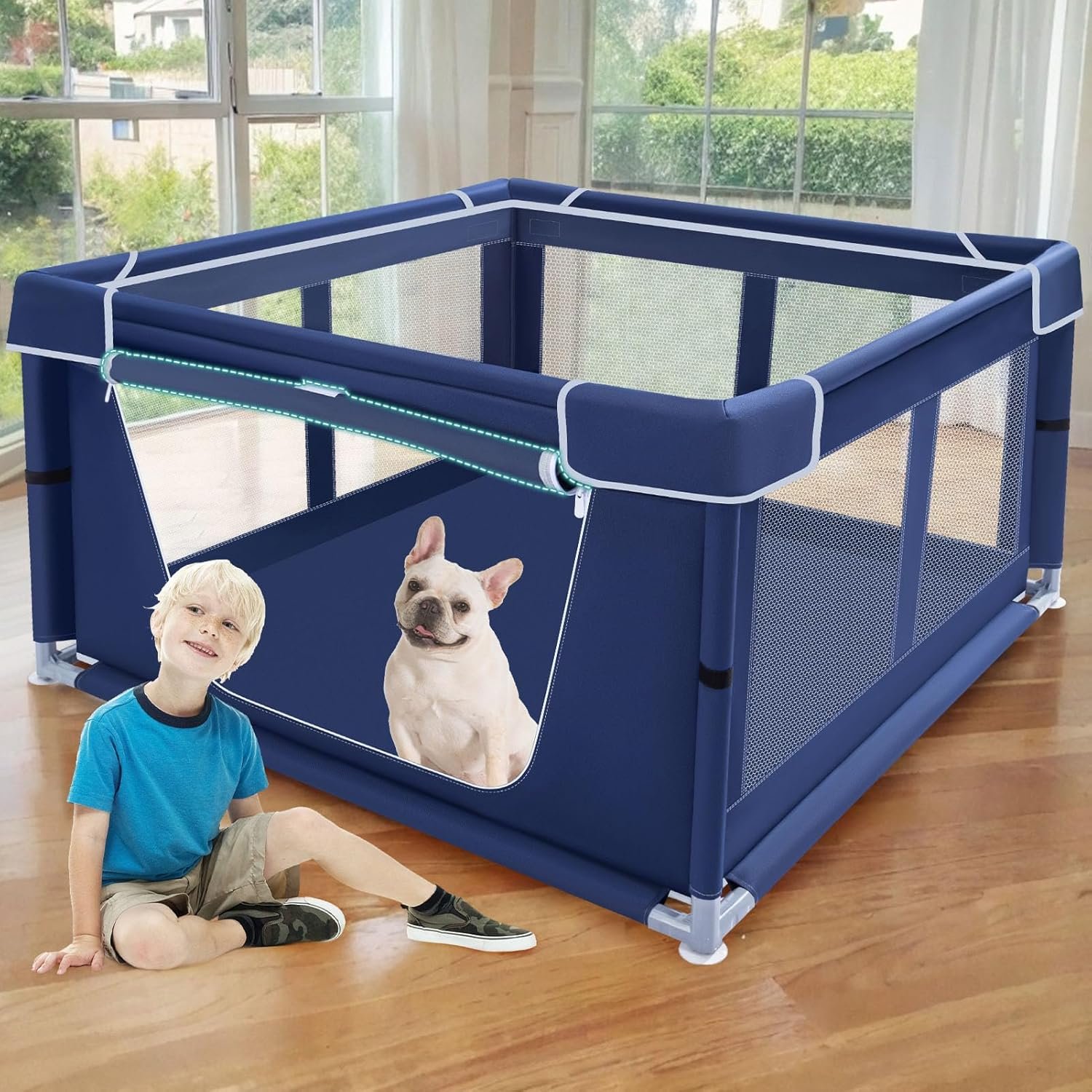42×42 Inches Puppy Playpen with Gate, Dog Playpen for Puppies or Small Dogs, DogFence Pet Playpen for Indoor & Outdoor, Sturdy Safety DogPen with Thickened Fabric, High-Strength Nylon Wire Mesh