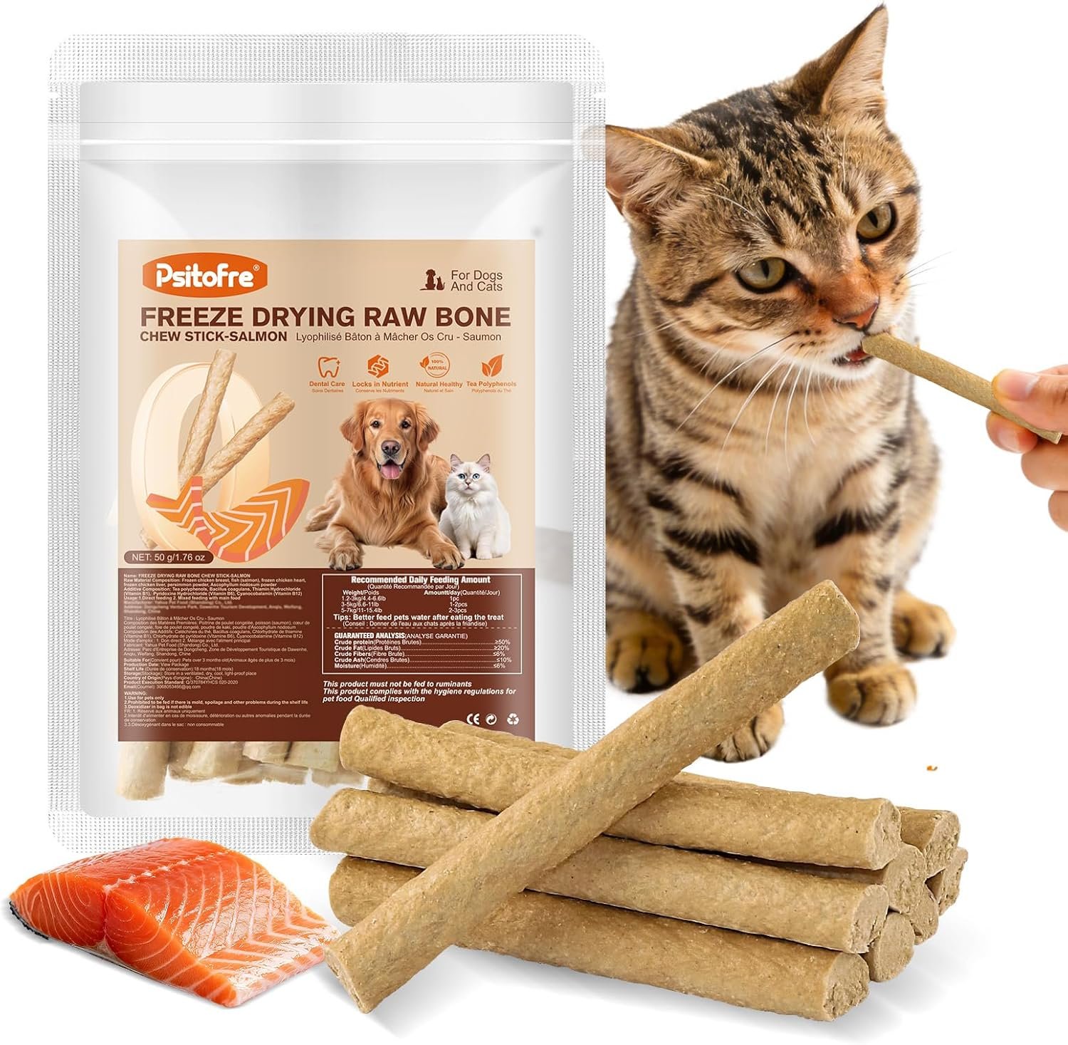 1.74oz Freezed Dried Cat Teething Sticks, Salmon Cat Chew Stick for Dental Care, Chicken Cats Treats, Feline Teeth Cleaning Snacks
