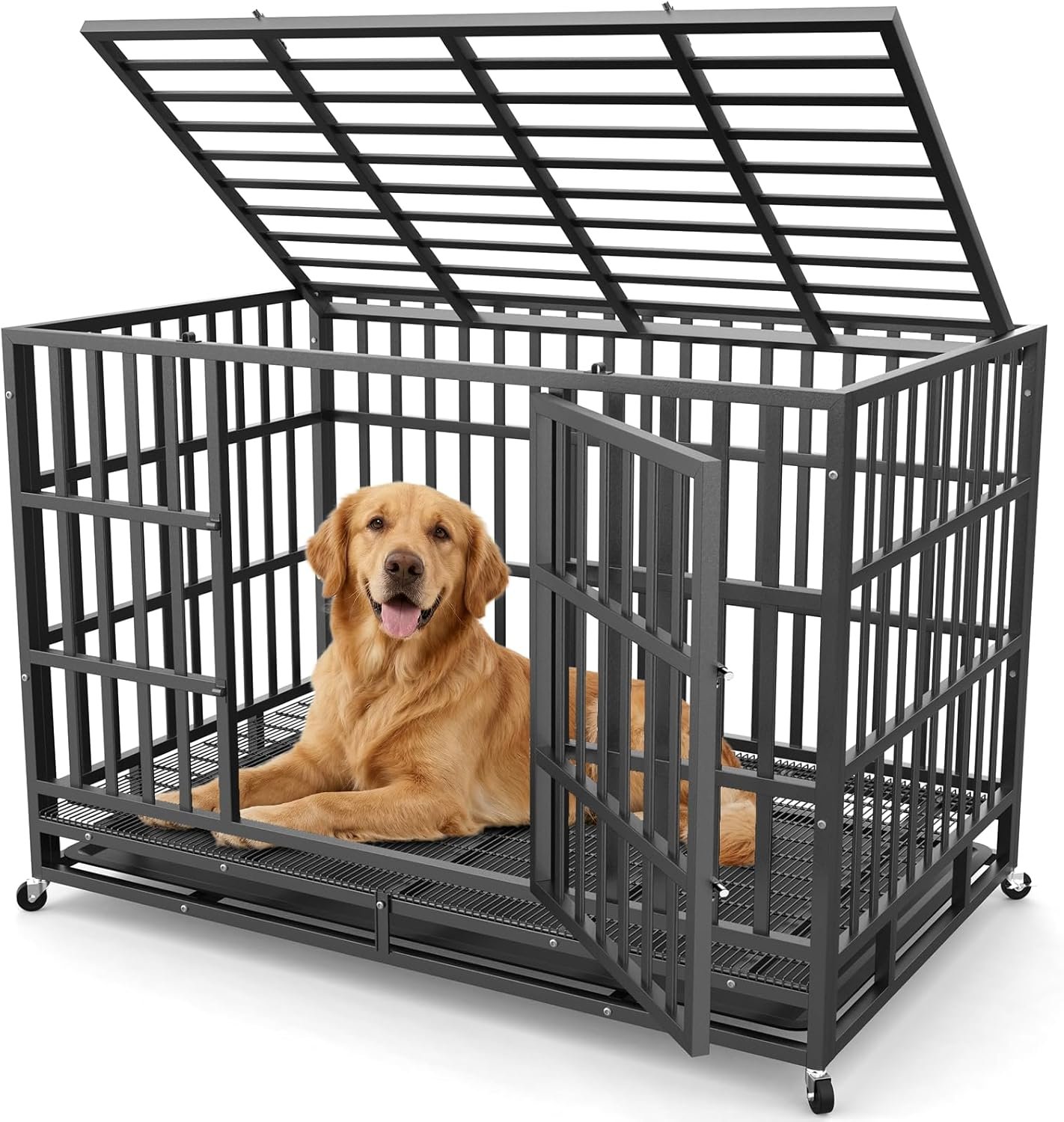48 Inch Heavy Duty Dog Crate, Indestructible Escape-Proof Dog Kennel for High Anxiety Large Dogs, Strong Carbon Steel Metal Cage with Double Doors, Lockable Wheels & Removable Tray