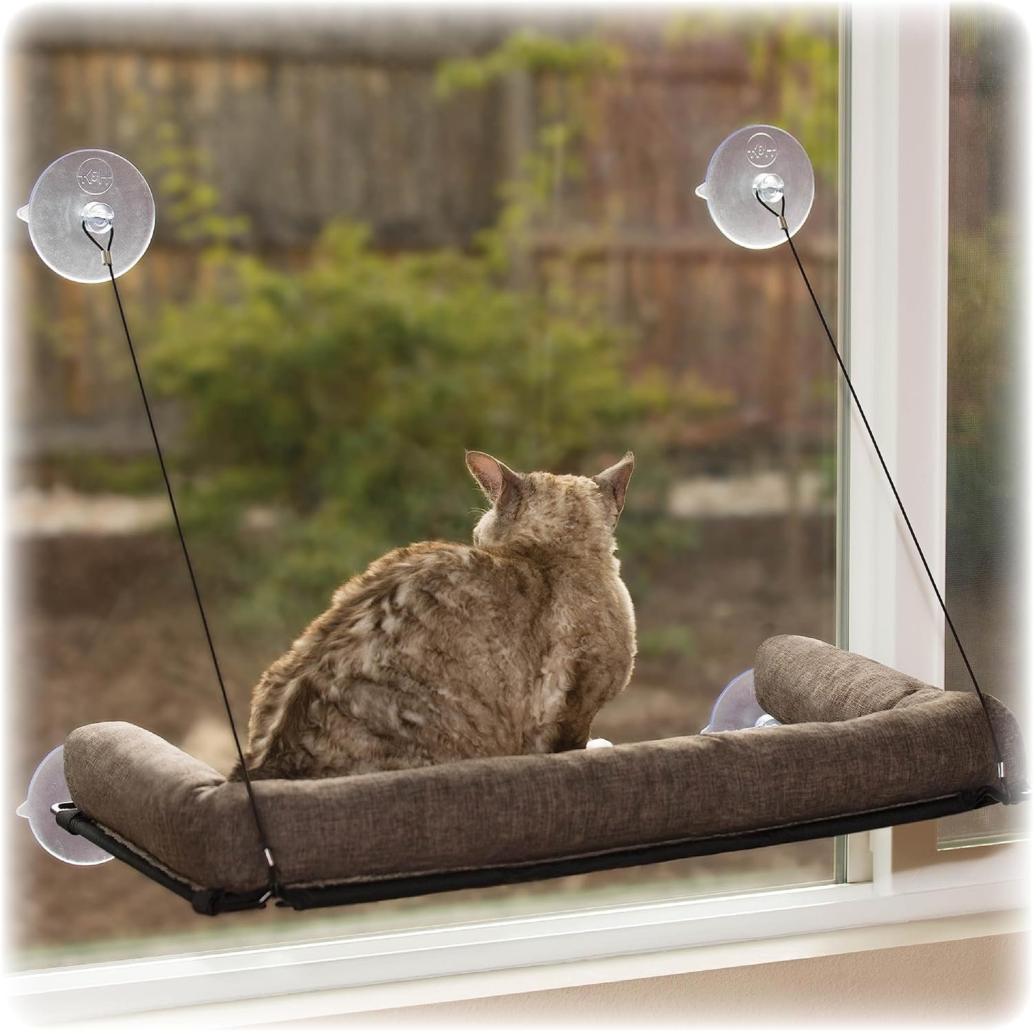 K&H Pet Products EZ Mount Bolster Cat Window Perch for Large Cats, Sturdy Kitty Window Hammock Bed, Steel Frame, Sturdy Suction Cups, Washable Shelf Covers, Foldable – Fits 27″W X 23″H Glass Spaces
