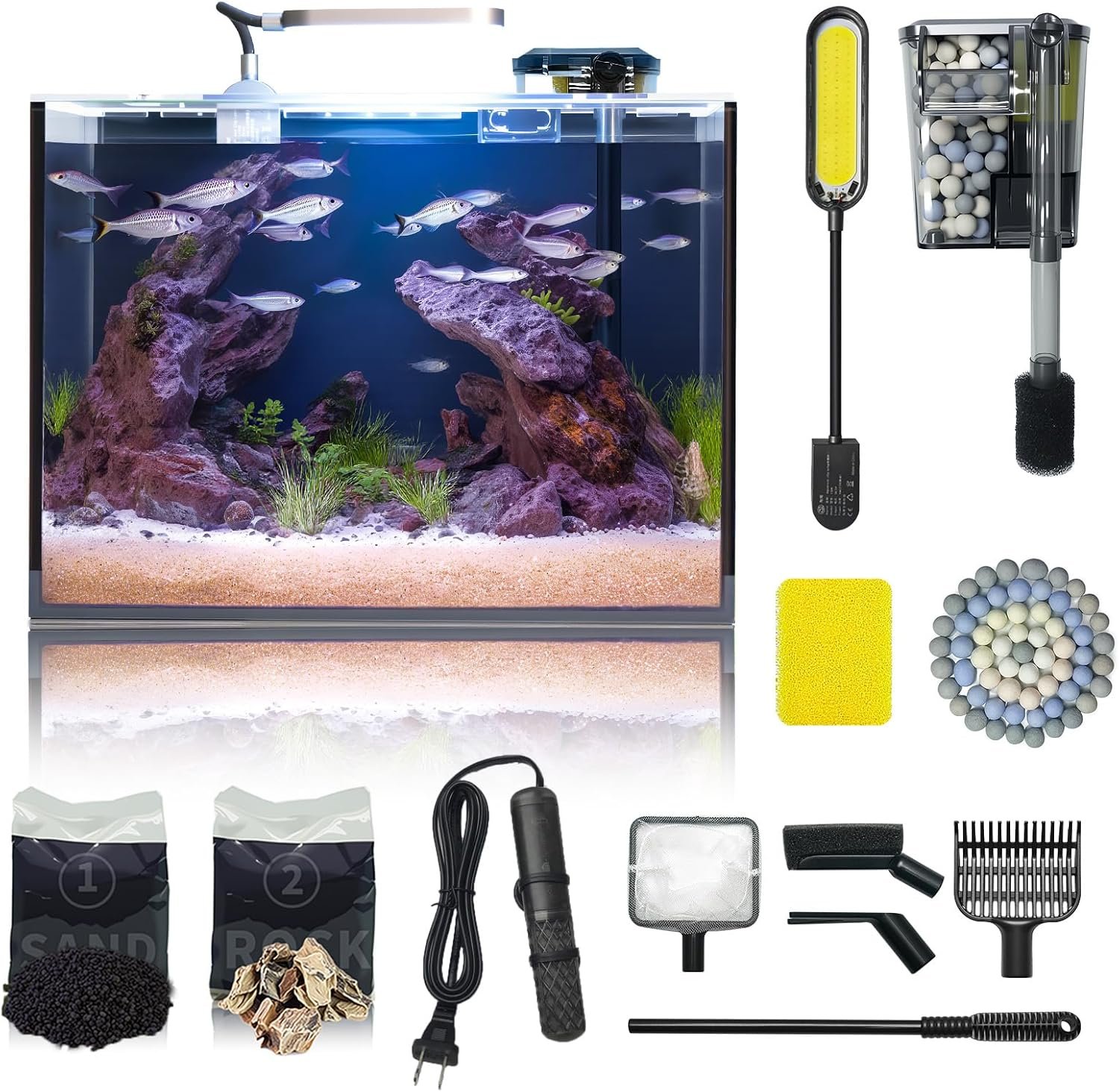 Wonderfactory 5 Gallon Small Aquarium Set Glass Fish Tank 6 Gallon, Starter Kit with Heater Water Pump Cleaning System Filter Bright Light Rocks Gravel Cleaning Tool, Clear Rimless Betta Plants