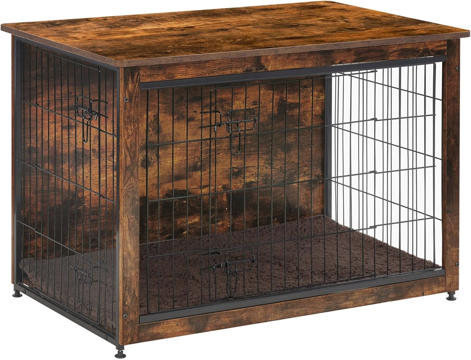 DWANTON Dog Crate Furniture with Cushion, Wooden Kennel Table with Double Doors, Indoor Dog House, Large Size, 38.5″ L, Rustic Brown