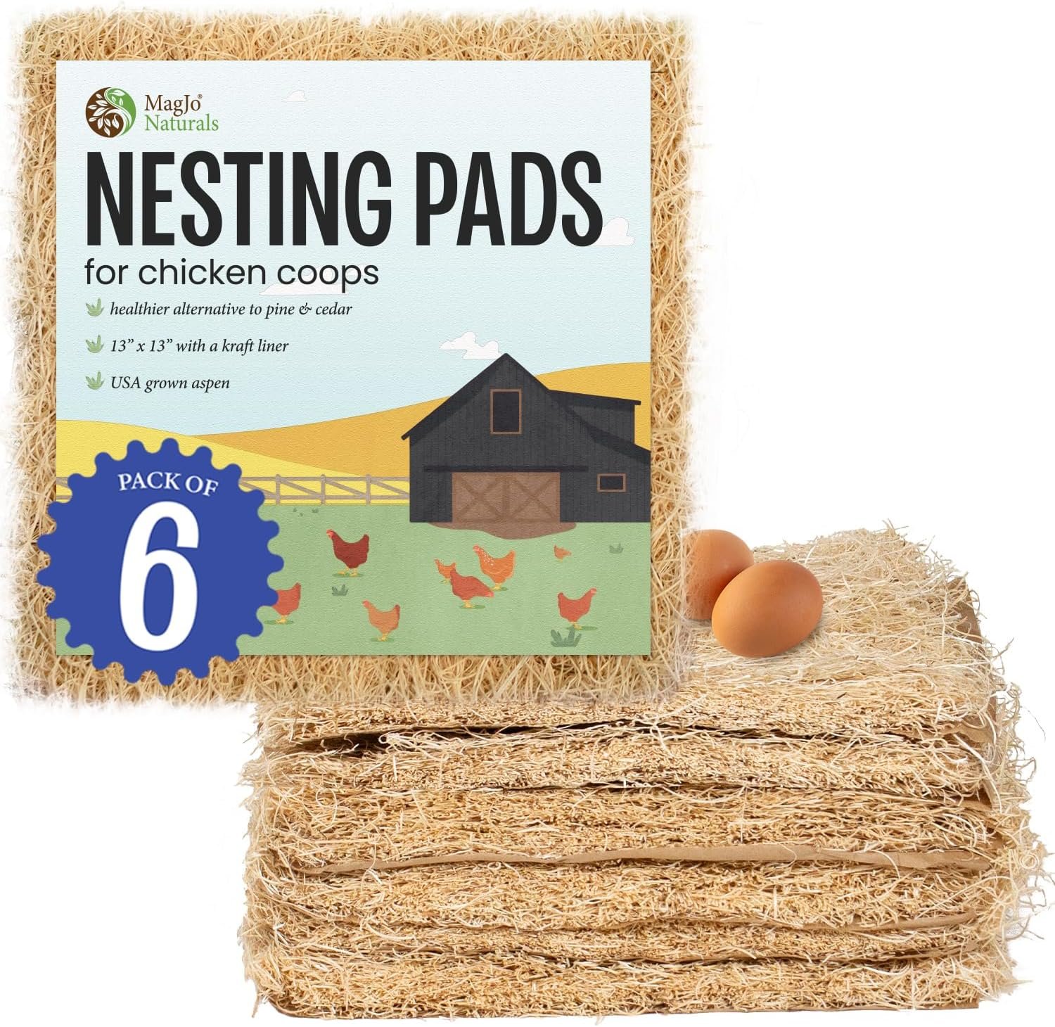 MagJo Aspen Nesting Pads for Chicken Coops – USA Grown Aspen Excelsior Nest Box Liners 13×13-6 Pack