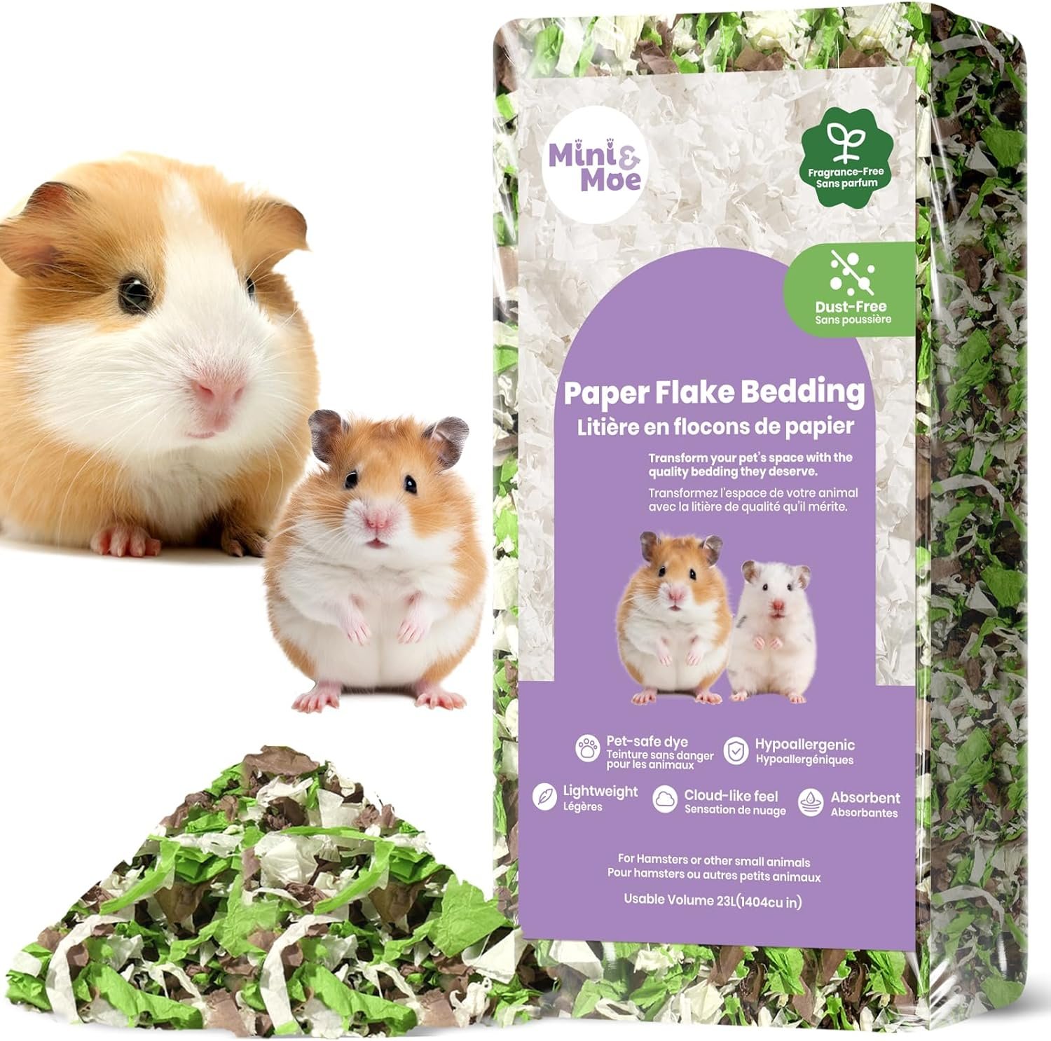 mini&moe Hamster Bedding: Odor Control and Dust-Free Moisture Absorbent Natural Paper Small Pet Bedding – for Guinea Pigs, Hamsters, and Rabbits, 12 Liters