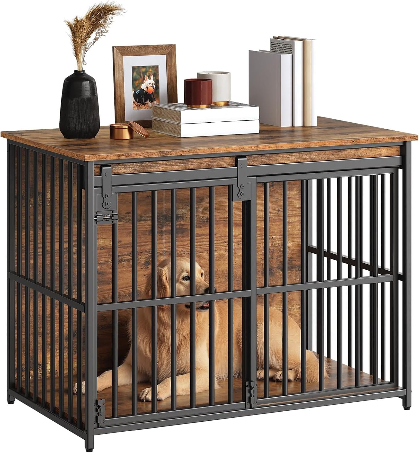 HOOBRO Dog Crate Furniture, 36.6″ Heavy Duty Dog Kennel with Sliding Barn Door, Wooden Dog Cage Indoor, Decorative Side End Table for Small/Medium Dogs, Rustic Brown and Black FG162GW03G1
