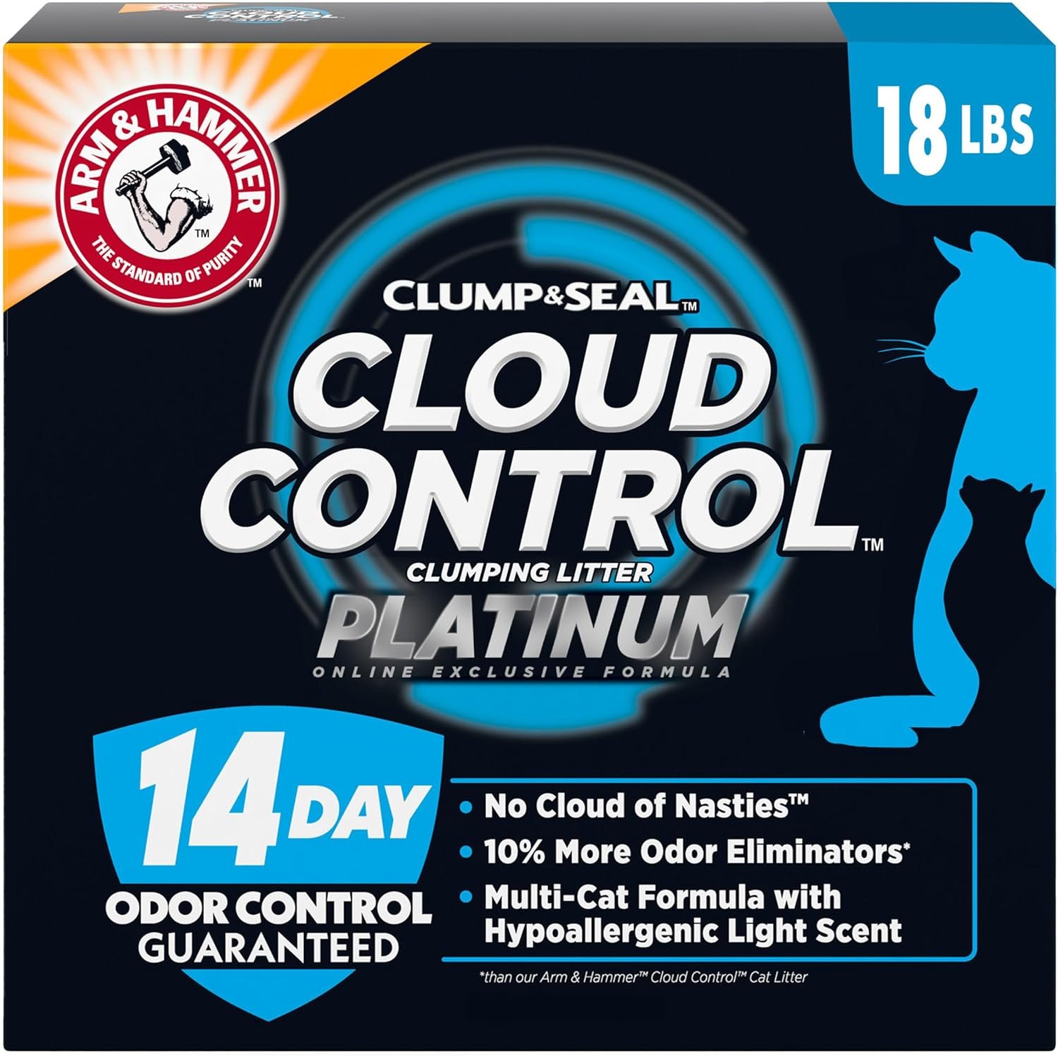 ARM & Hammer Cloud Control Platinum Cat Litter, Hypoallergenic, Dust-Free, Multi-Cat, 14-Day Odor Control, 18 lbs – Dander Shield & Baking Soda