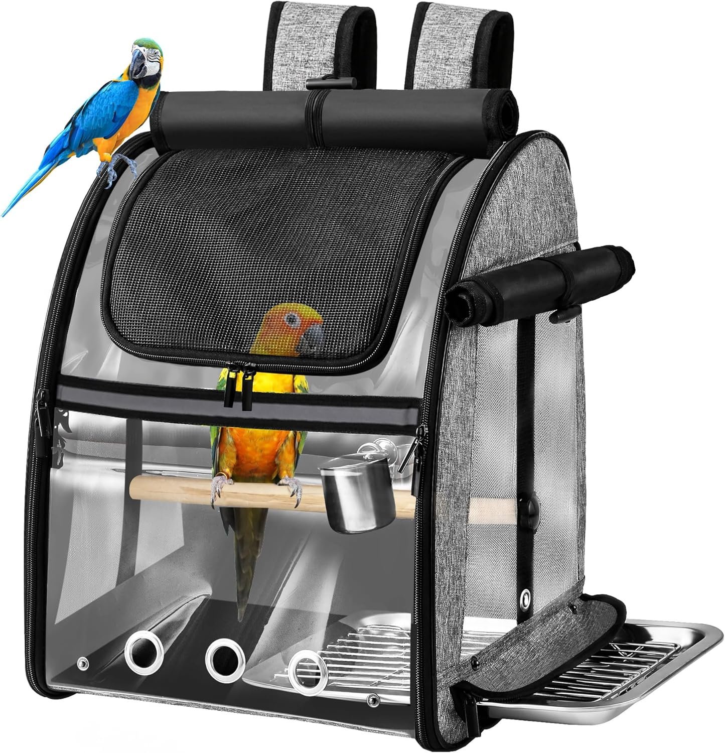SUERTREE Bird Carrier Bag with Indestructible Stainless Steel Mesh, Bird Travel Cage with Stand, Easy to Clean Backpack for Parrot, Portable Bird Travel Bag, Grey