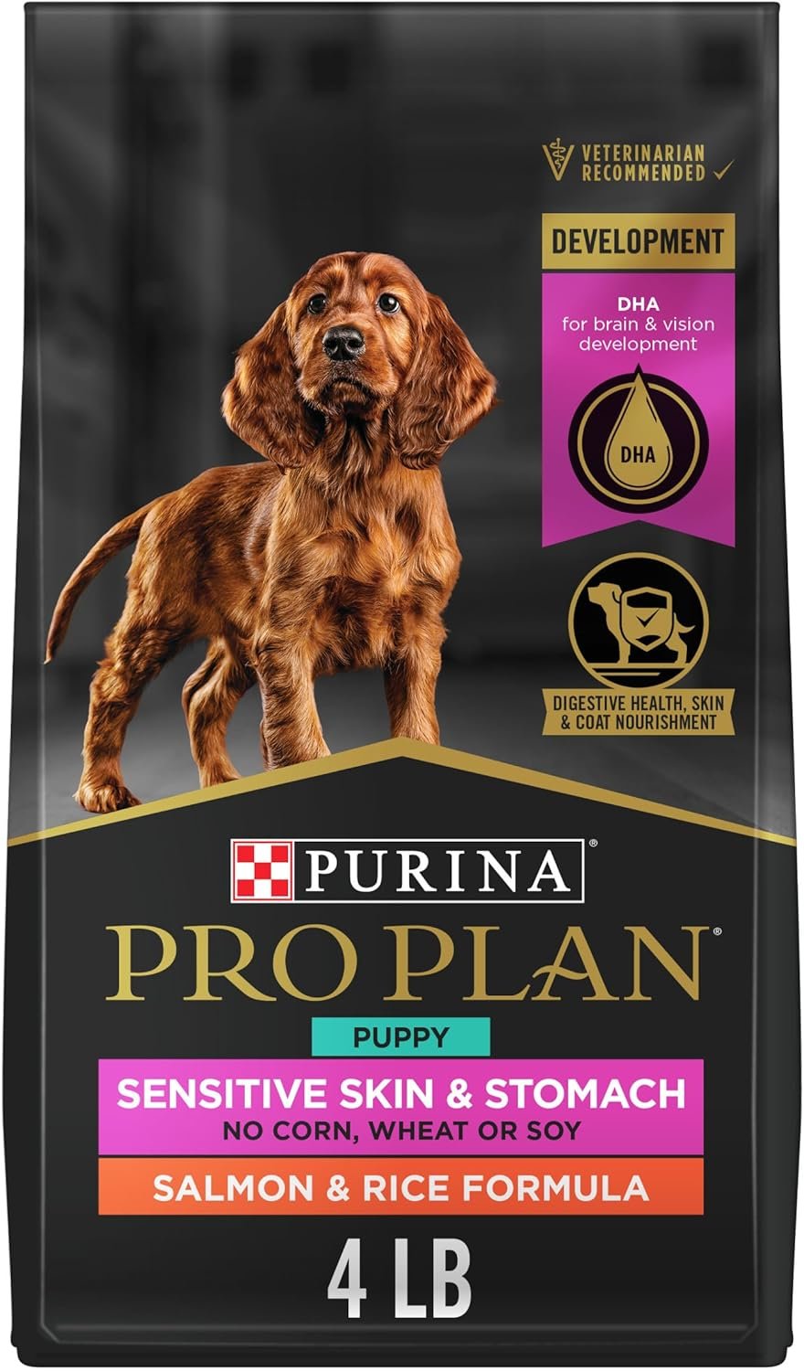 Purina Pro Plan Sensitive Skin and Stomach Dog Food Puppy Salmon and Rice Formula – 4 lb. Bag