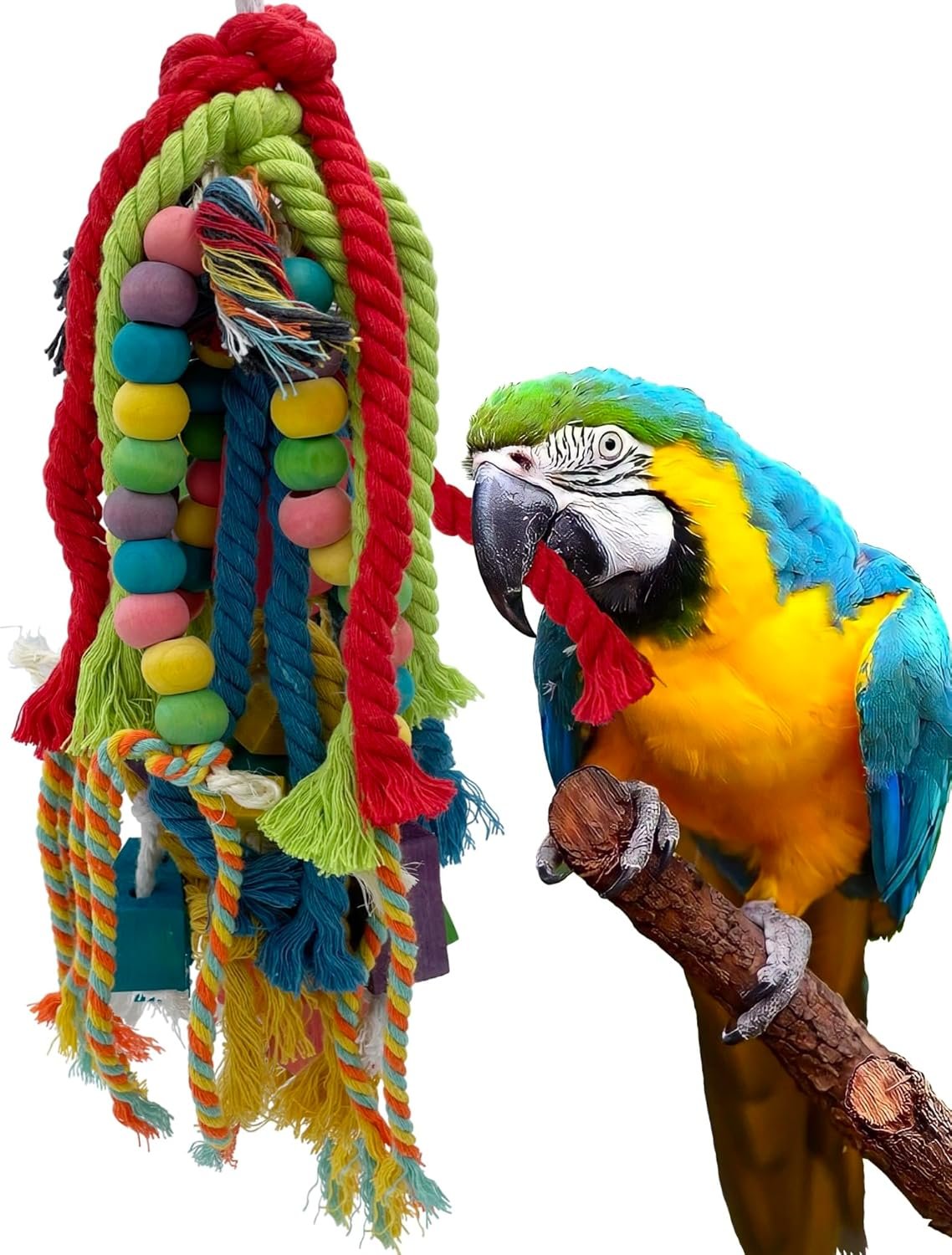 20.5 inch Parrot Chewing Toys – Wooden Block Tearing and Cotton Rope Toys for Medium Large Extra Large Parrot Conures African Grey Amazon Cockatoo and Macaw