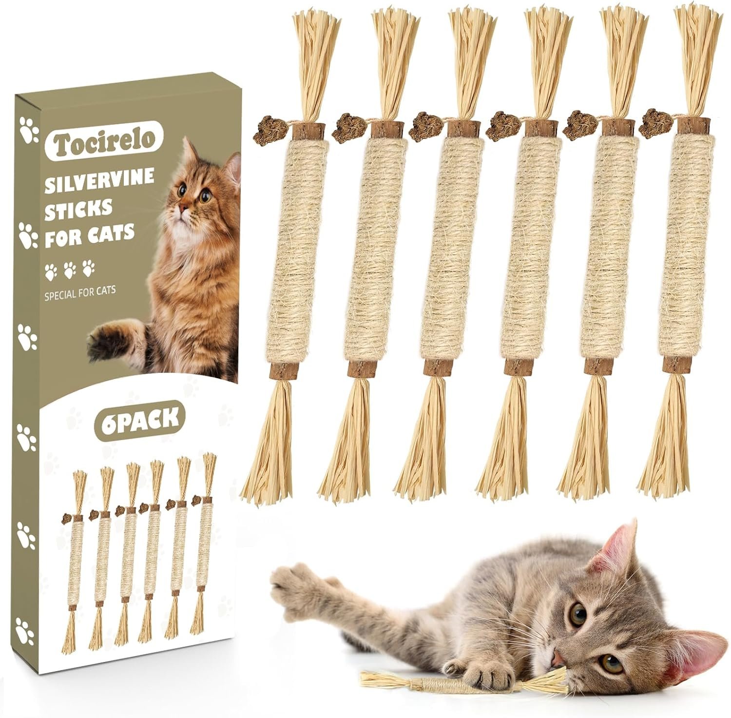 Tocirelo Silvervine Sticks Cat Toys – 6Pack Natural Cat Chew Toy Teeth Cleaning, Matatabi Dental Care Kitten Treat, Catnip Cat Teething Toys, Catmint Silver Vine Sticks for Bored Indoor Kitty