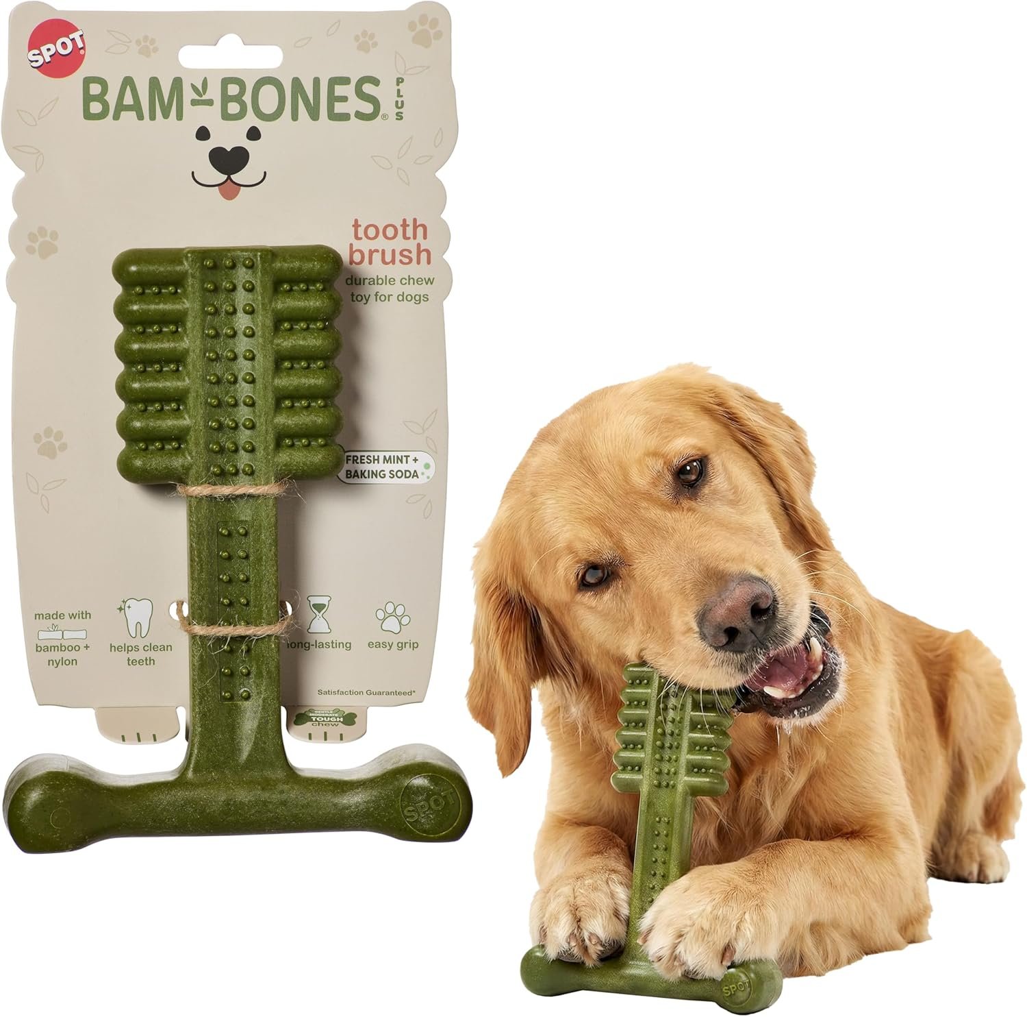 SPOT Bam-Bones Plus Toothbrush Dog Chew Toy, Durable Bamboo Fiber & Nylon Dental Chew, Fresh Mint & Baking Soda for Dental Care, Easy-to-Grip T-Bone Shape, for Heavy Chewers Under 90 lbs, 7 Inch