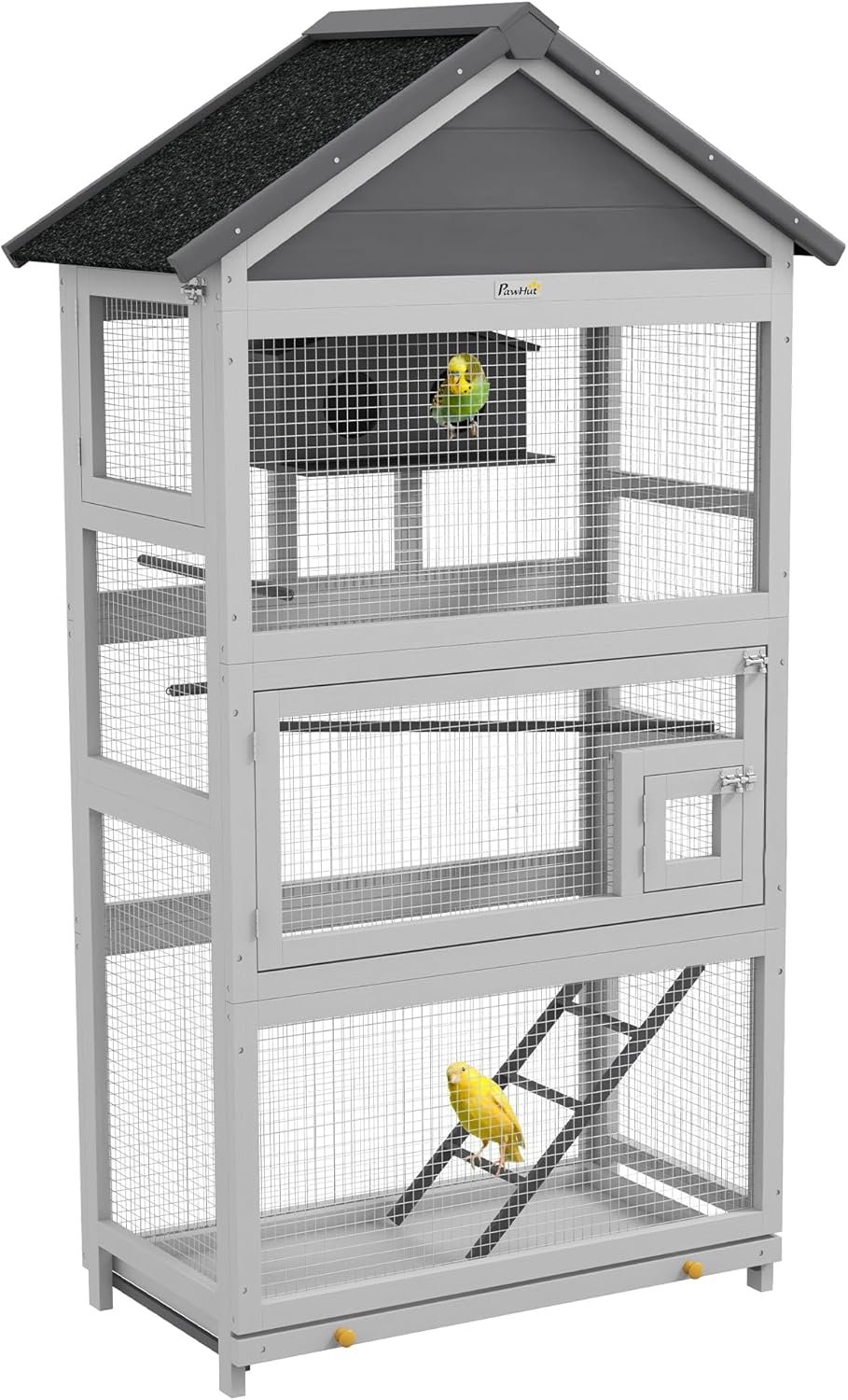 PawHut Wooden Bird Aviary, 67″ Outdoor Bird Cage with Slide-Out Tray, Three Doors, Birdhouse, Ladder, Perches for Finches, Parakeets, Gray