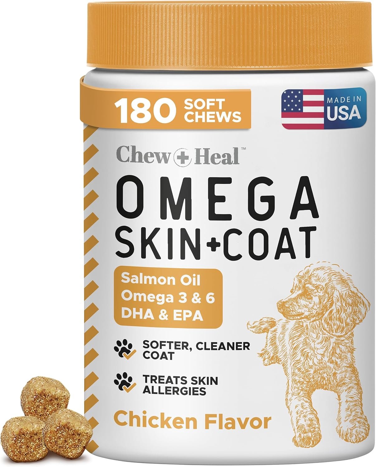 Omega 3 Fish Oil for Dogs – 180 Soft Chews for Itch Relief, Shedding & Hot Spots – Skin and Coat Supplement – Salmon Oil, EPA & DHA – Allergy Chews – Made in USA – Chew + Heal