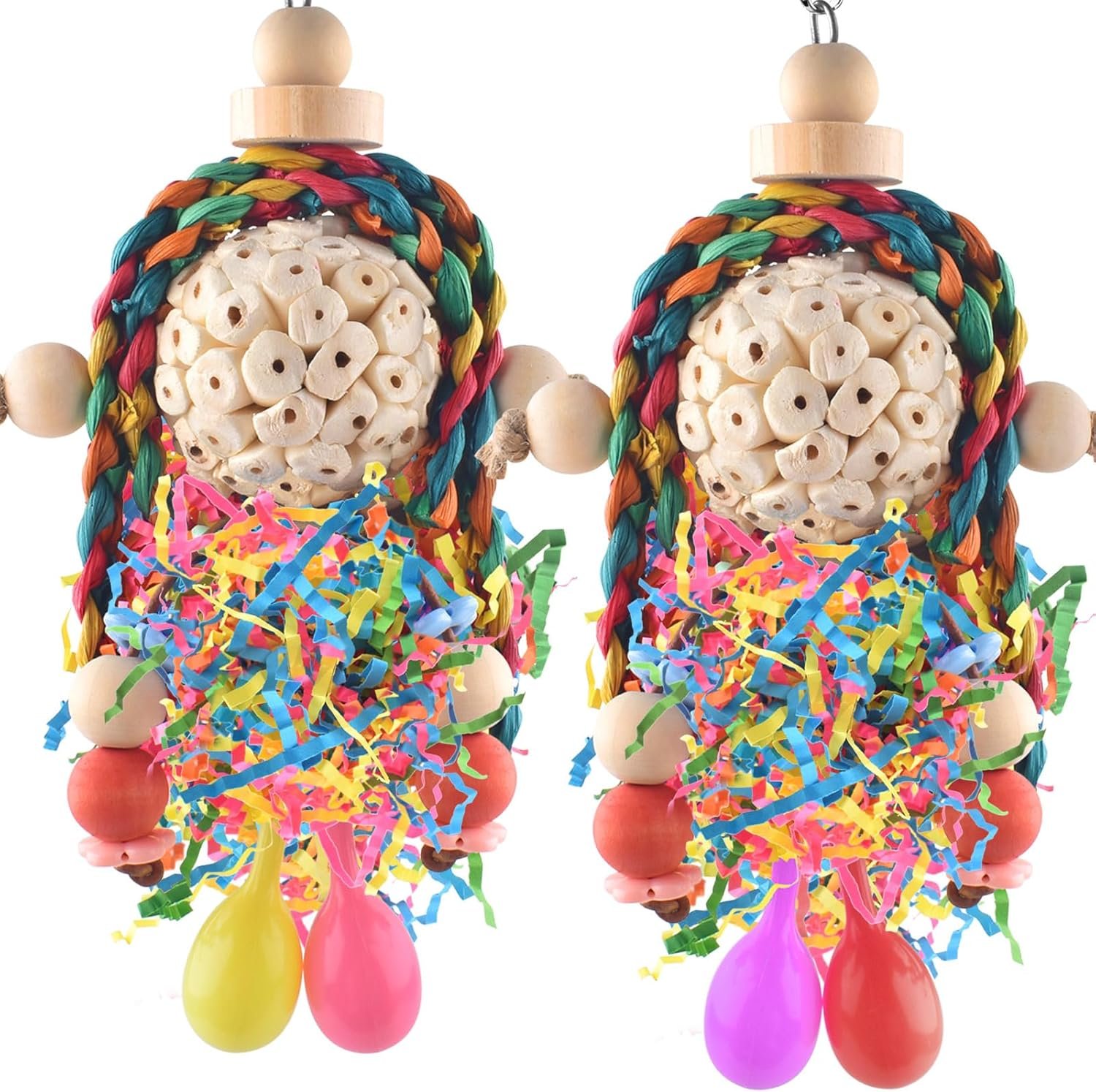 Bissap Conure Toys, 2PCS Bird Parrot Foraging Shredder Hanging Toys Sola Balls with Sand Hammer for Small Parrots Parakeets Conures Cockatiels Love Birds Cage Toy