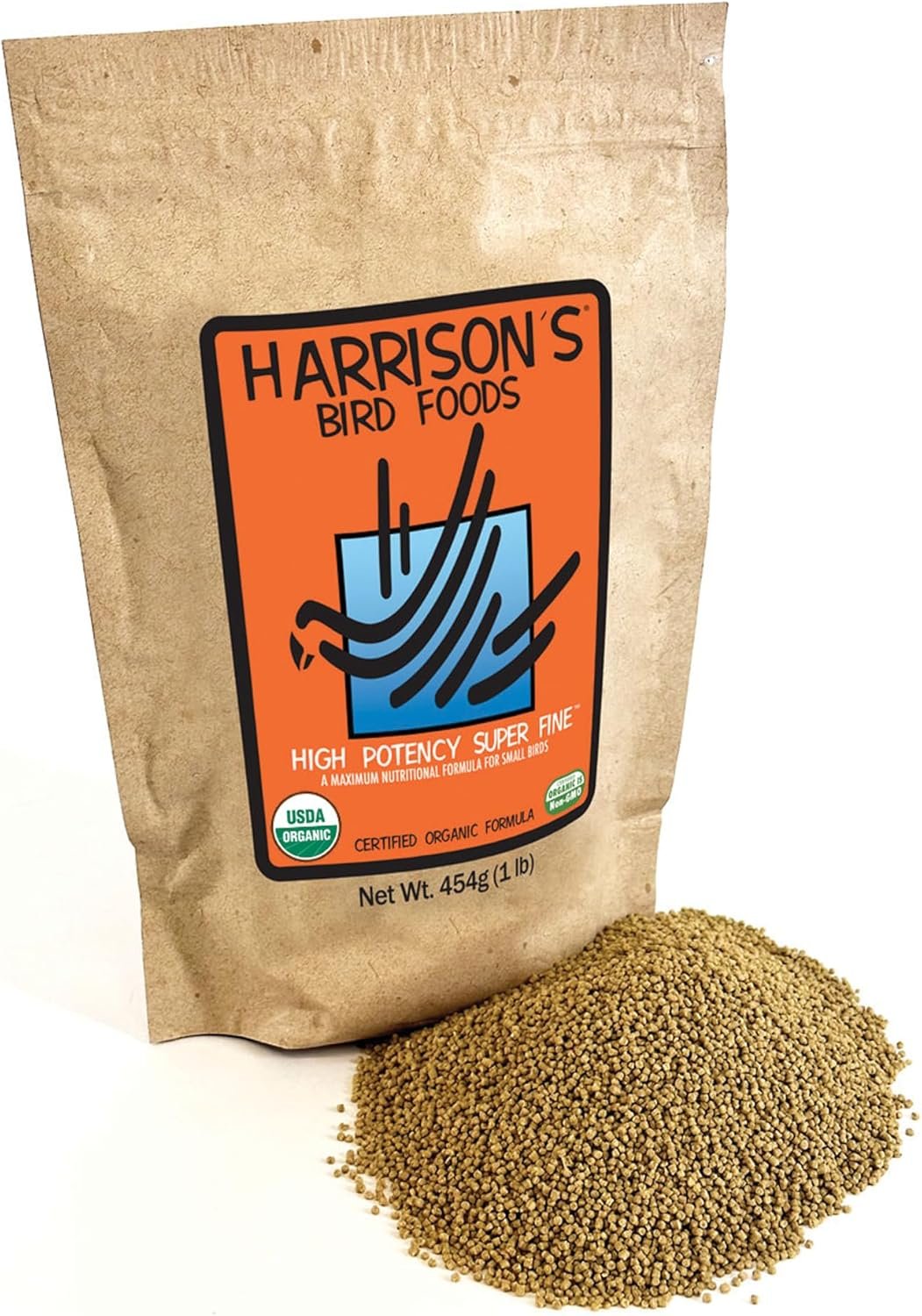 Harrison’s Bird Foods High Potency Maximum Nutritional Formula for Small to Medium Birds, Certified Organic Non-GMO Pet Bird Food, Vet-Developed, Suitable for All Life Stages, 454 g/ 1 lb